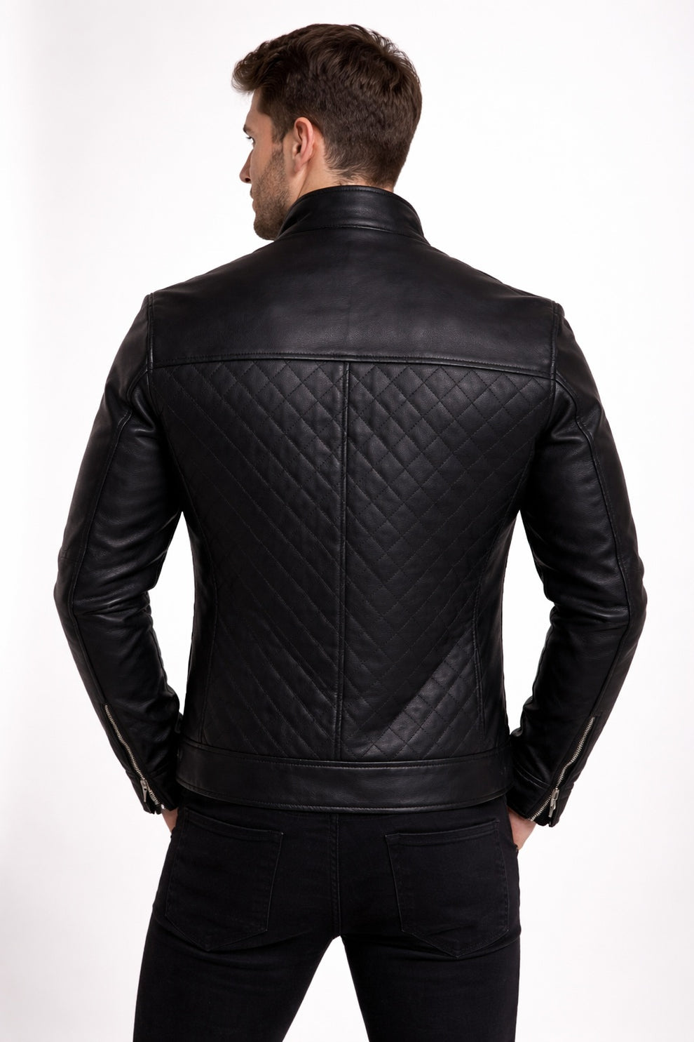 Quilted Black Fashion Cafe Racer Real Leather Jacket For Men