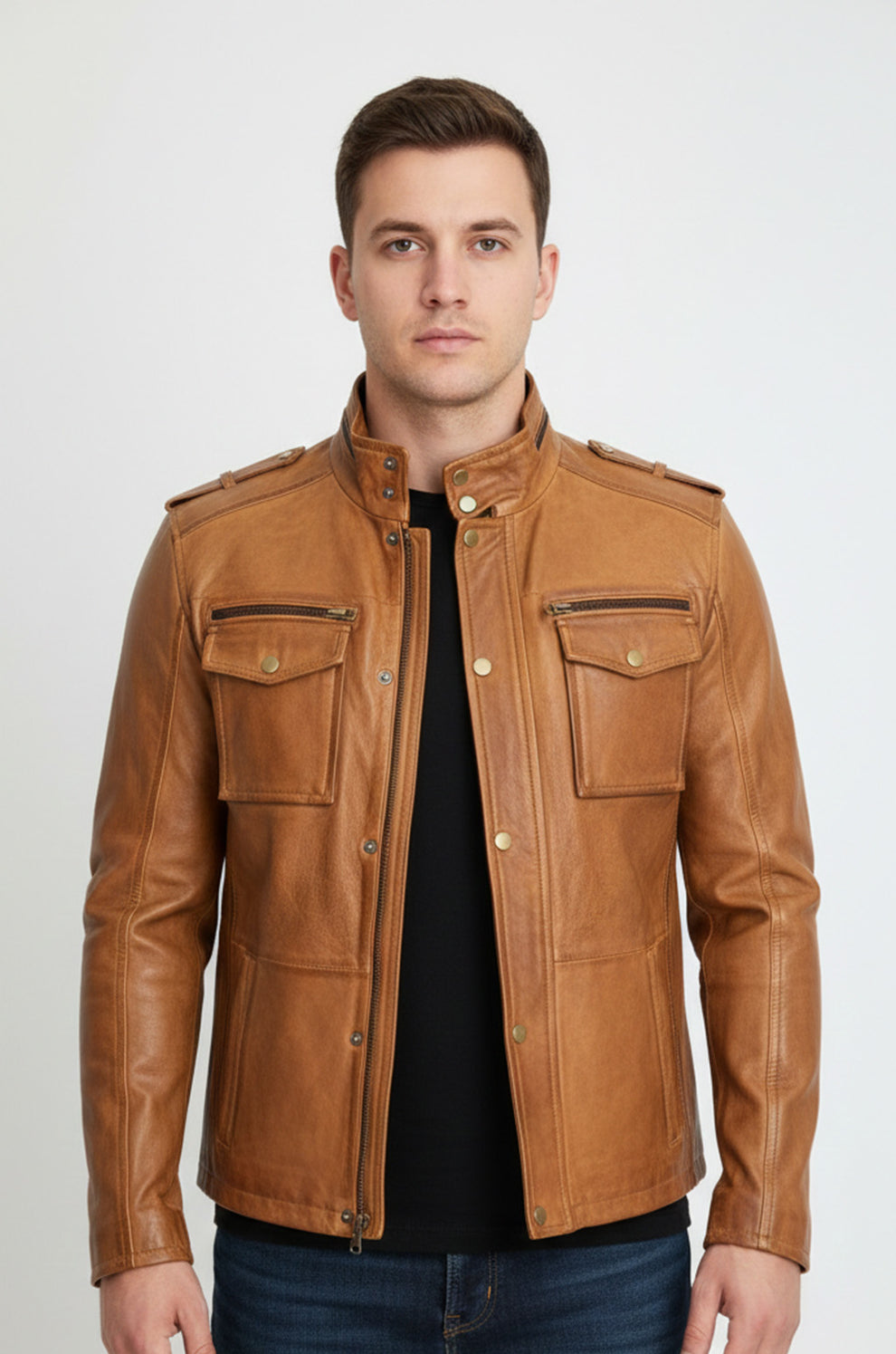 Men's Motorcycle Real Leather Tan Brown Distressed Moto Biker Jacket