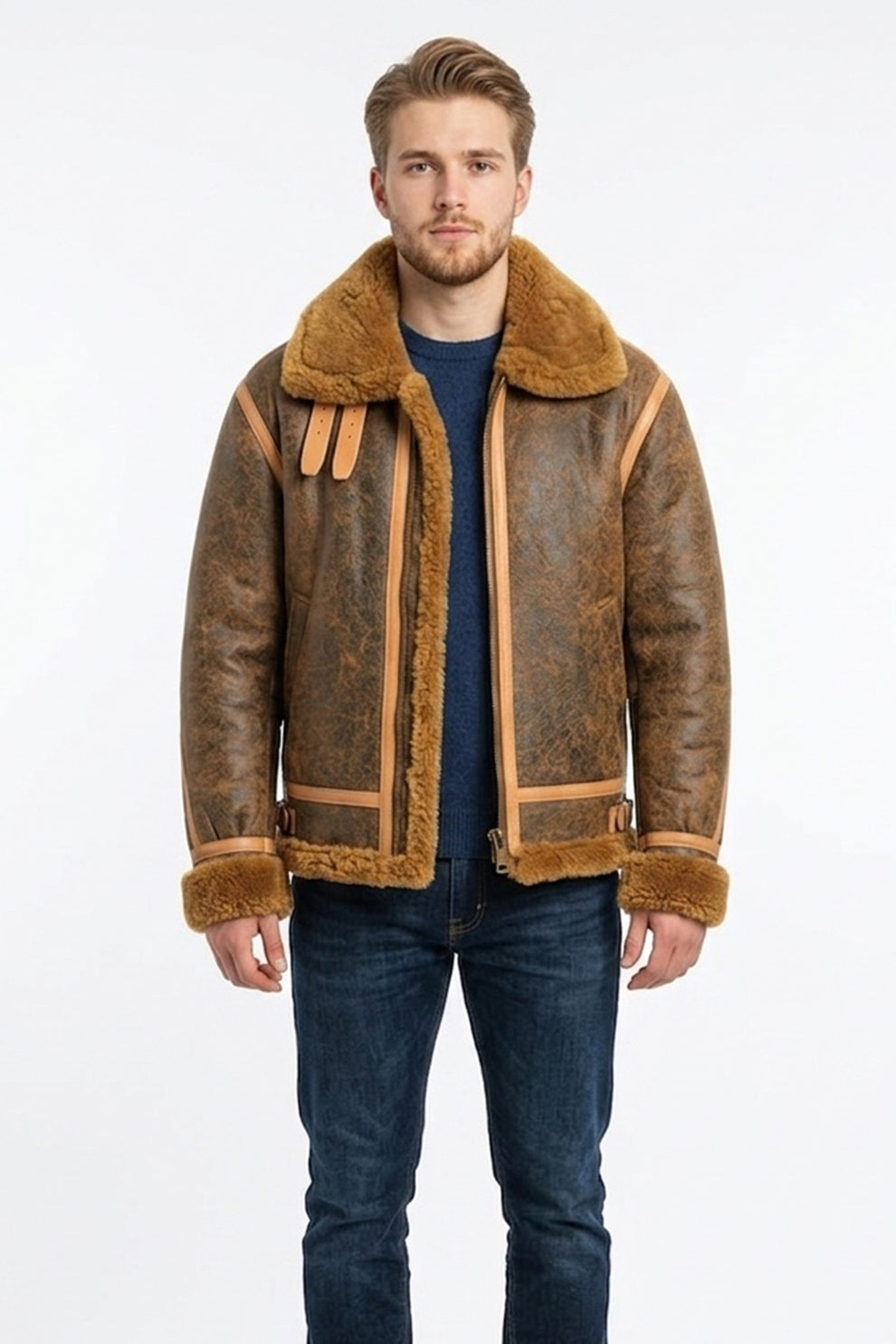 Aviator Jackets\B015 RAF Copper Brown Shearling Winter Fashion Bomber Real Aviator Jacket