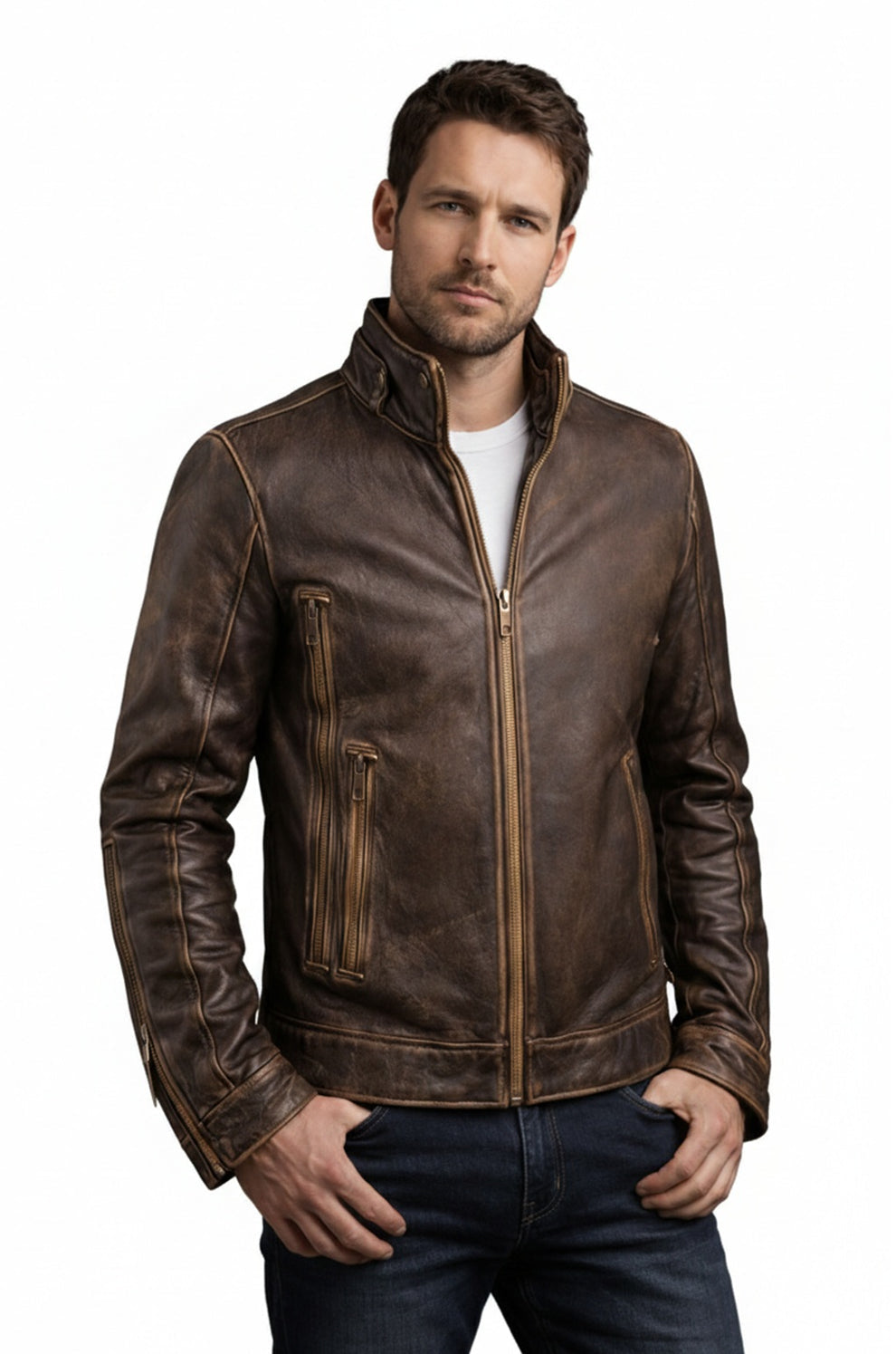 Cafe Racer Stylish Distressed Brown Biker Vintage Real Leather Men's Jacket