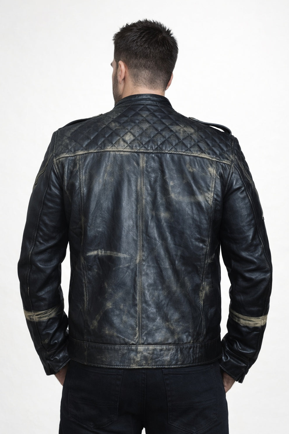 New US Flag Black Vintage Distressed Moto Retro Jacket