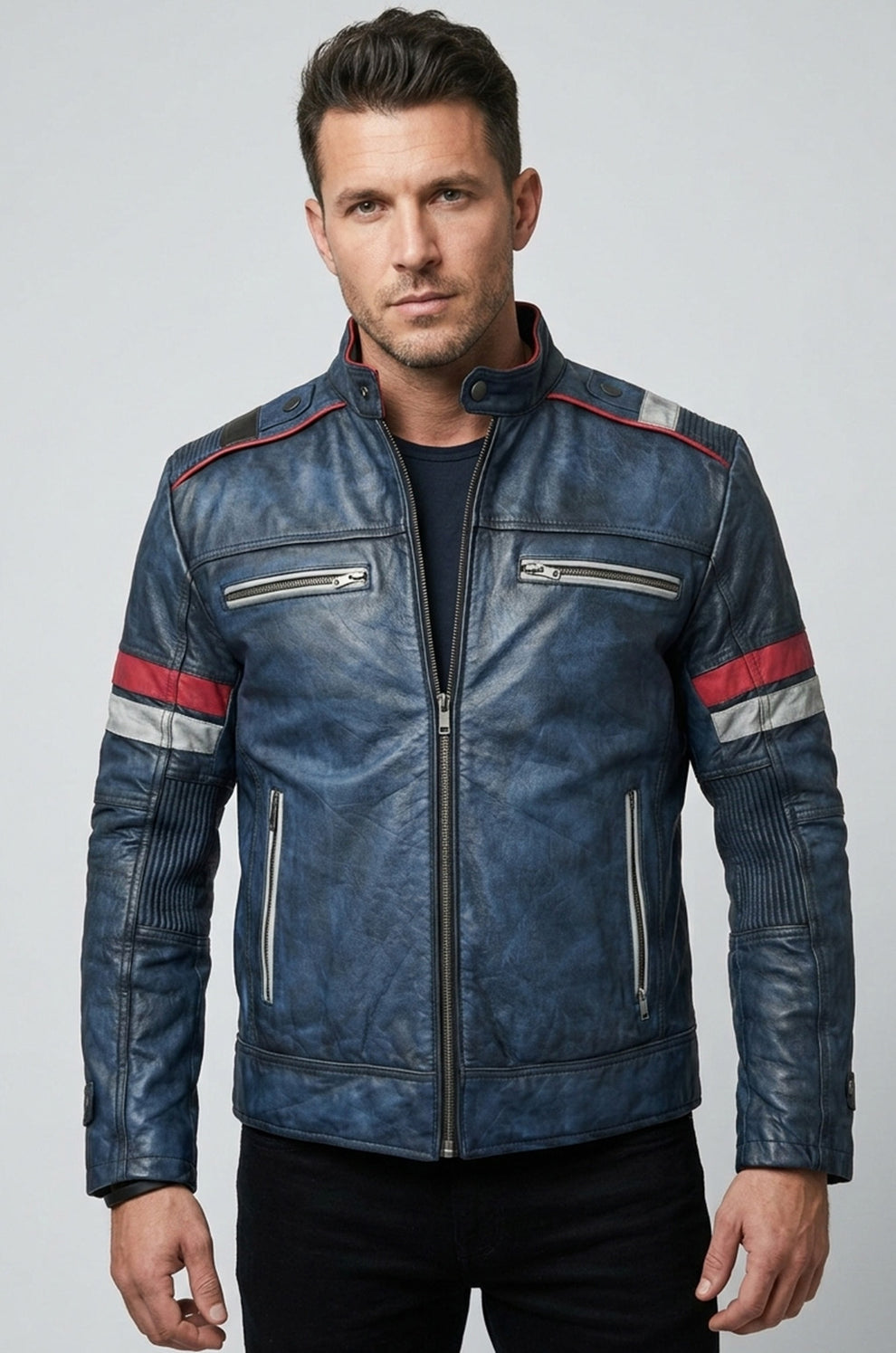 Blue Cafe Racer Vintage Biker Distressed Motorcycle Jacket For Men
