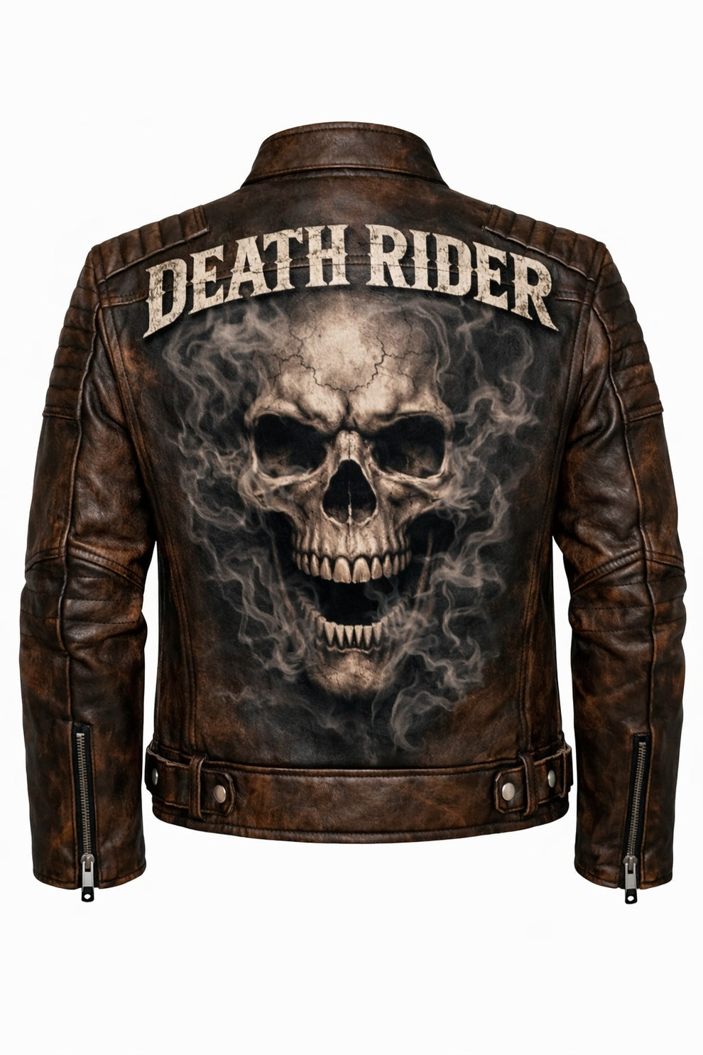 Men's Print Jackets MP002 Death Rider Vintage Leather Jacket - Skull & Smoke Biker Design