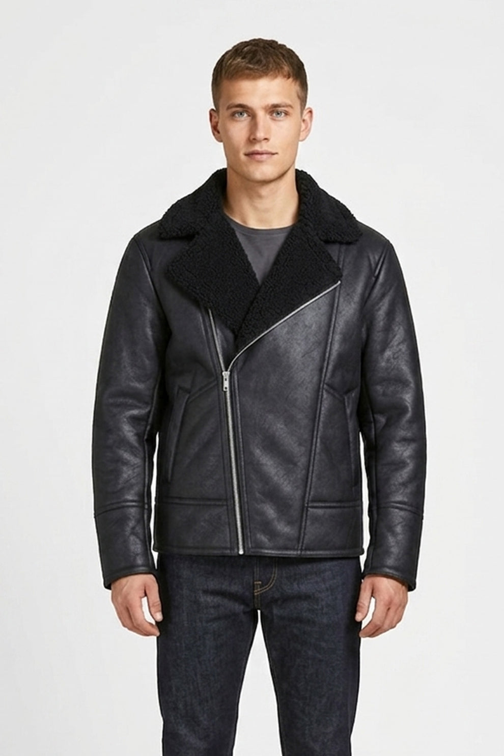 Aviator Jackets\B030 Men Real Leather Aviator Jacket Black Sheep shearling Fur Collar