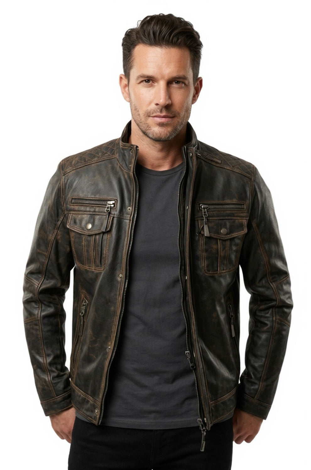 Multi Zipper Distressed Casual Wear Biker Men's Jacket