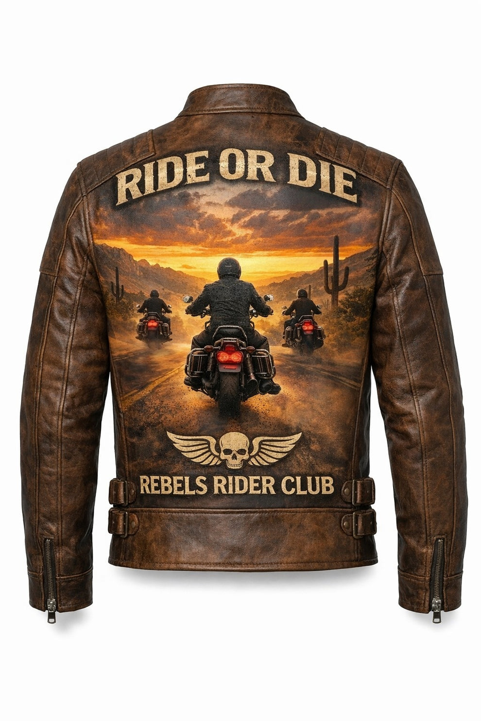Men's Print Jackets\MP005 Ride or Die Rebels Rider Club Leather Jacket - Desert Brotherhood Biker Design