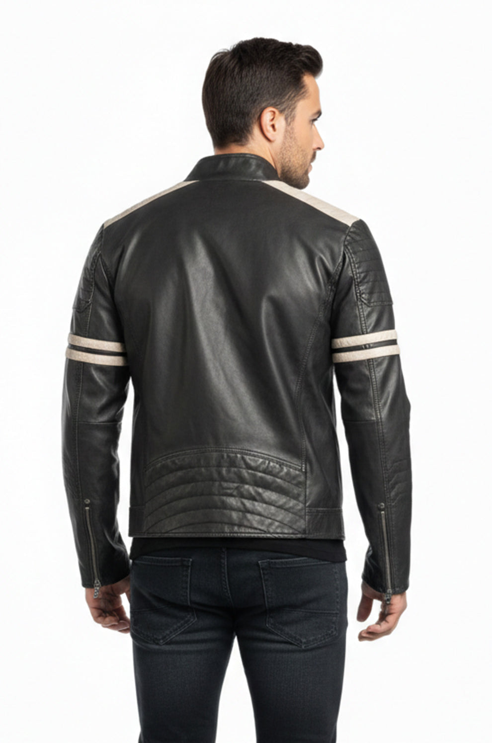 Cafe Racer Black Vintage Retro 1 Men's White Stripe Jacket