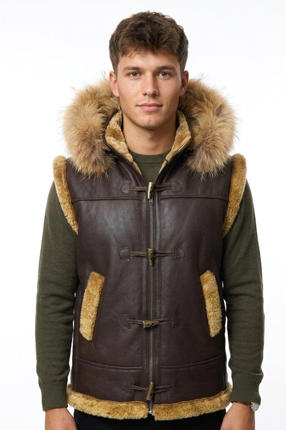 Aviator Jackets\B017 RAF Fur Shearling Brown Hood Genuine Leather Jacket Men's Winter Fashion Vest
