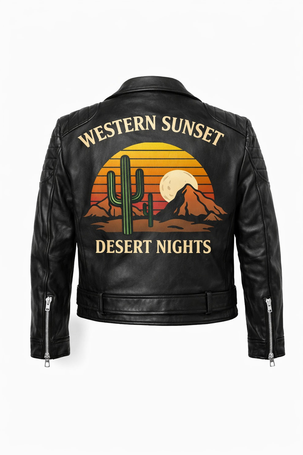 Men's Print Jackets\MP013 Western Sunset Desert Nights Retro Leather Biker Jacket - Vintage Cactus Design