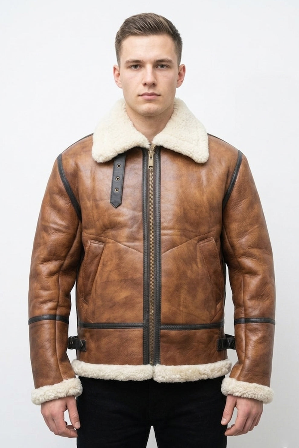 Aviator Jackets\B023 Men's Fashion Fur Shearling Brown Bomber Winter Warm Real Leather Jacket