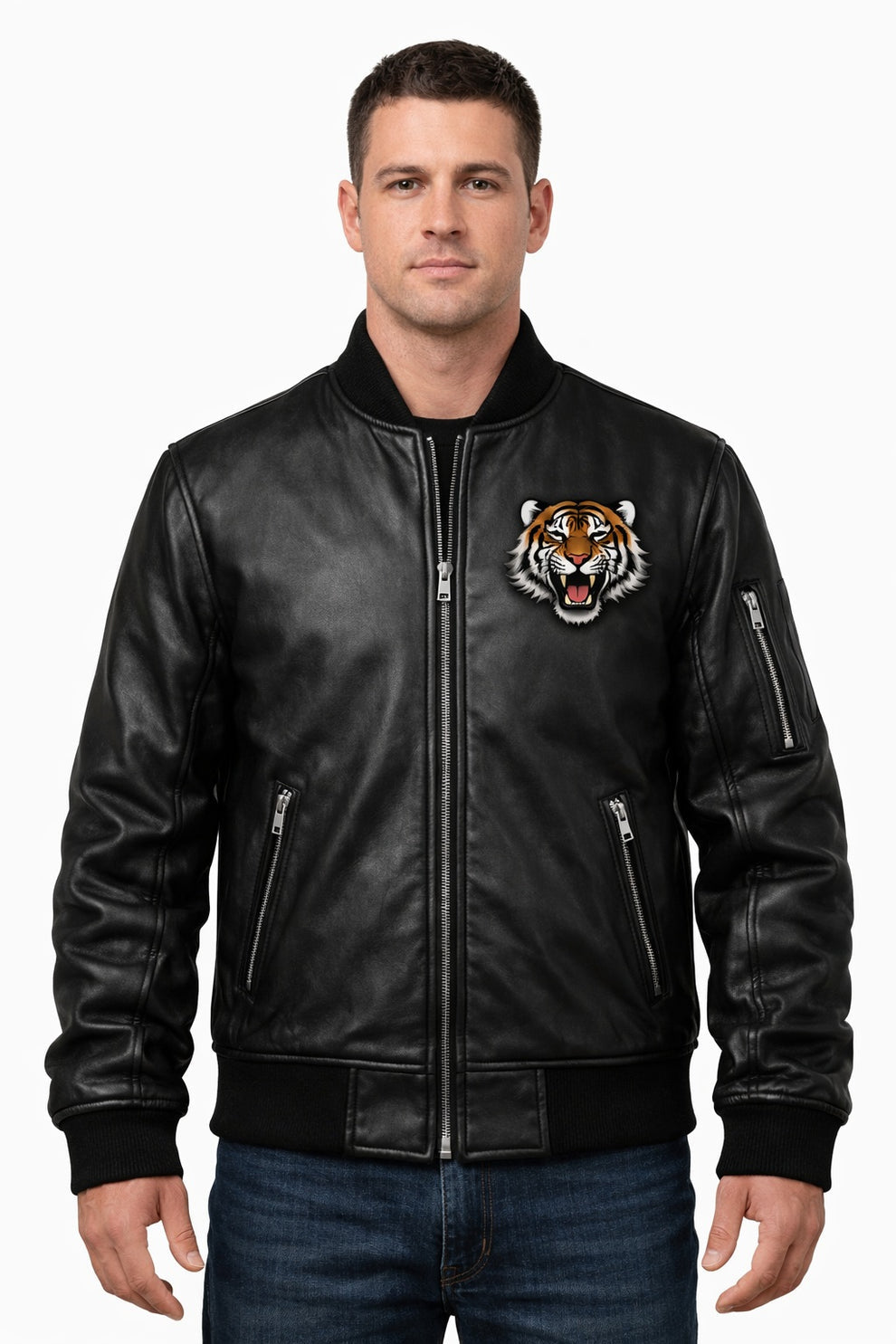 Men's Print Jackets\MP010 Unleash Your Fury Tiger Leather Bomber Jacket - Men's Aggressive Graphic Flight Jacket