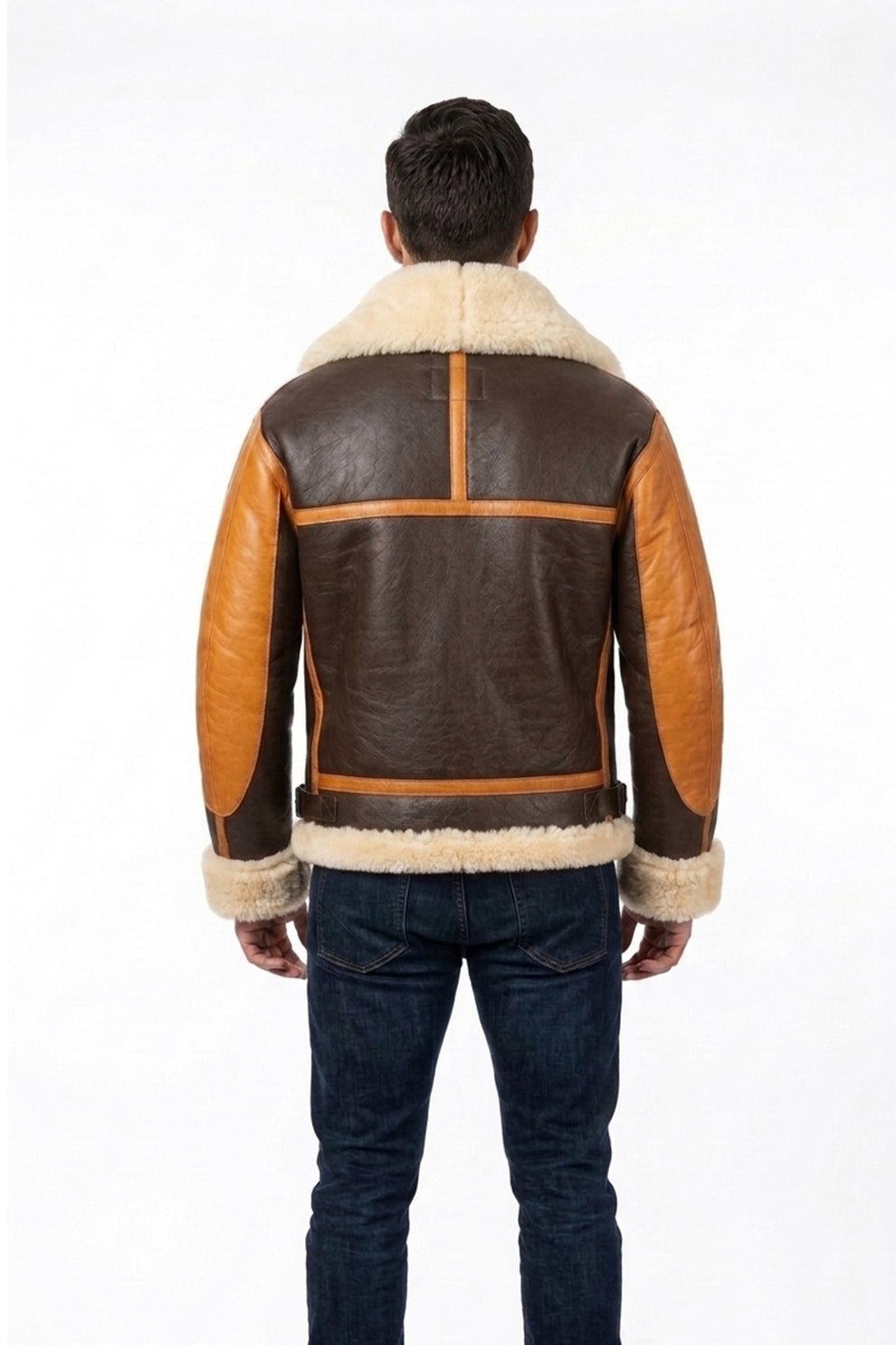 Aviator Jackets\B016 Two Tone RAF Bomber Brown Real Sheepskin Shearling Men's Jacket