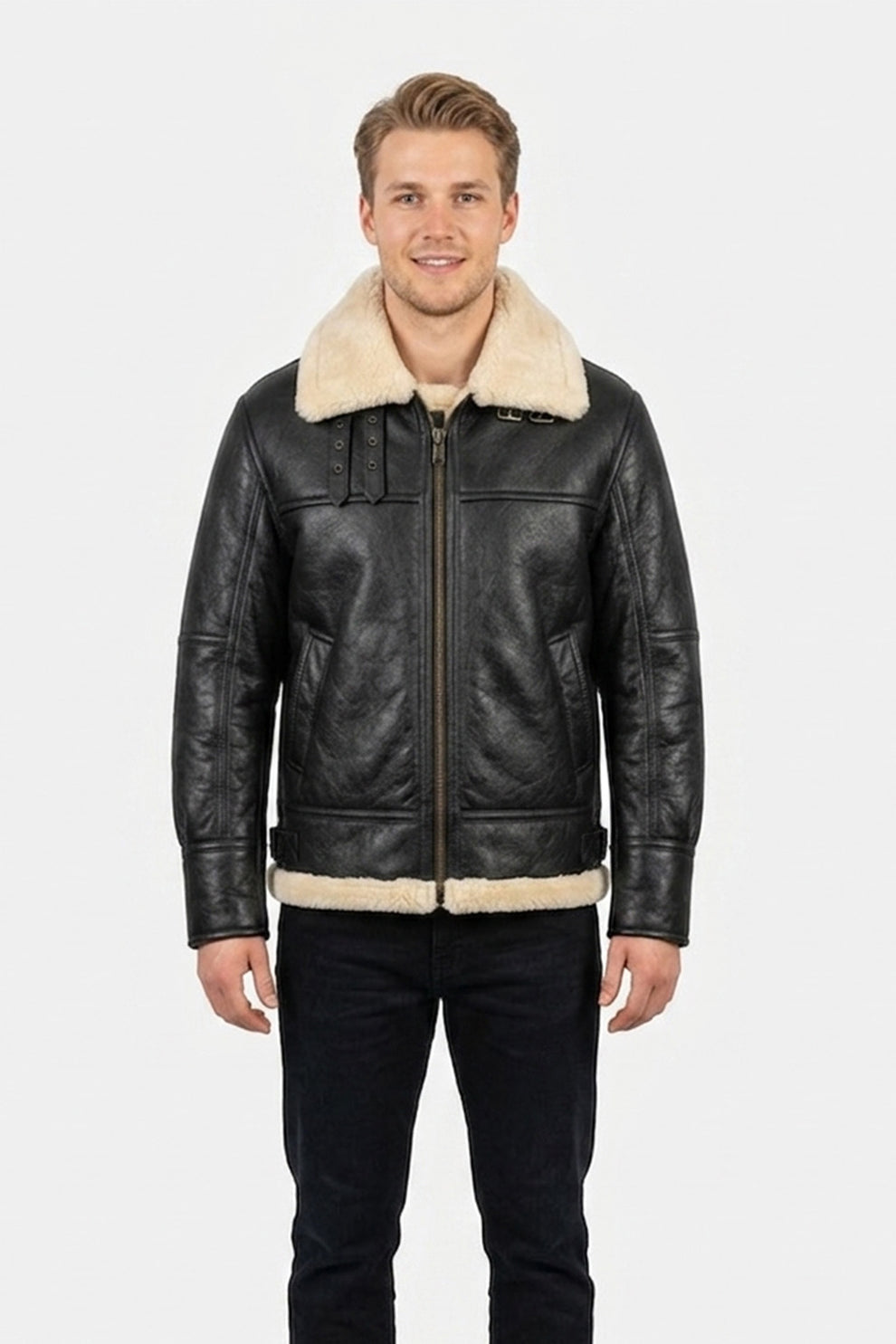 Aviator Jackets\B020 Men's RAF Flying Aviator Real Shearling Fur Bomber Black Winter Leather Jacket