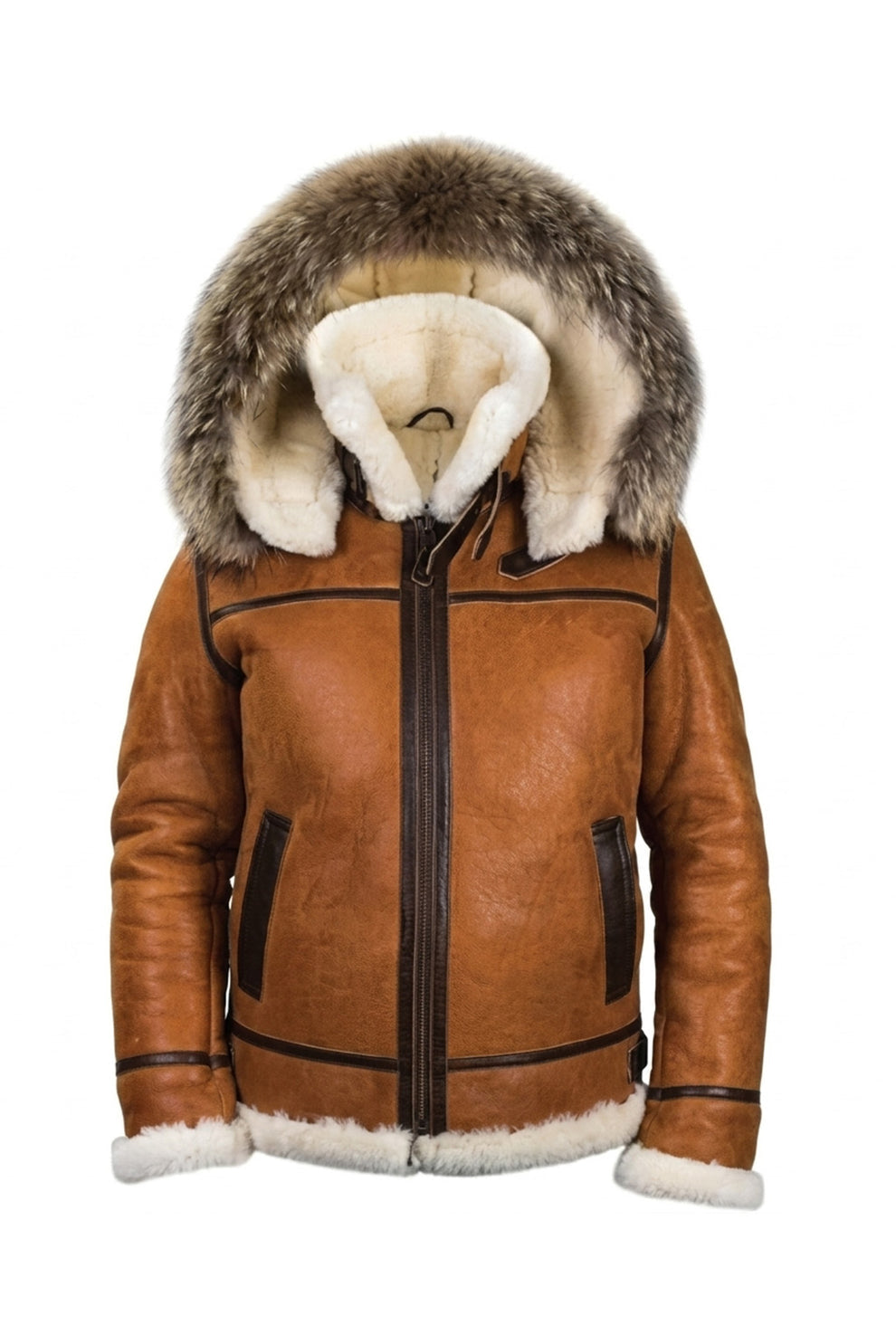 Aviator Jackets\B027 Men Classic Top Gun Real Leather B3 Jacket Dean Tan White Fox Fur Hood
