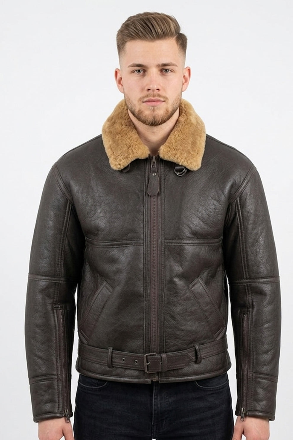 Aviator Jackets\B029 Men Real Leather Aviator Jacket with Fur Collar and Belted Waist