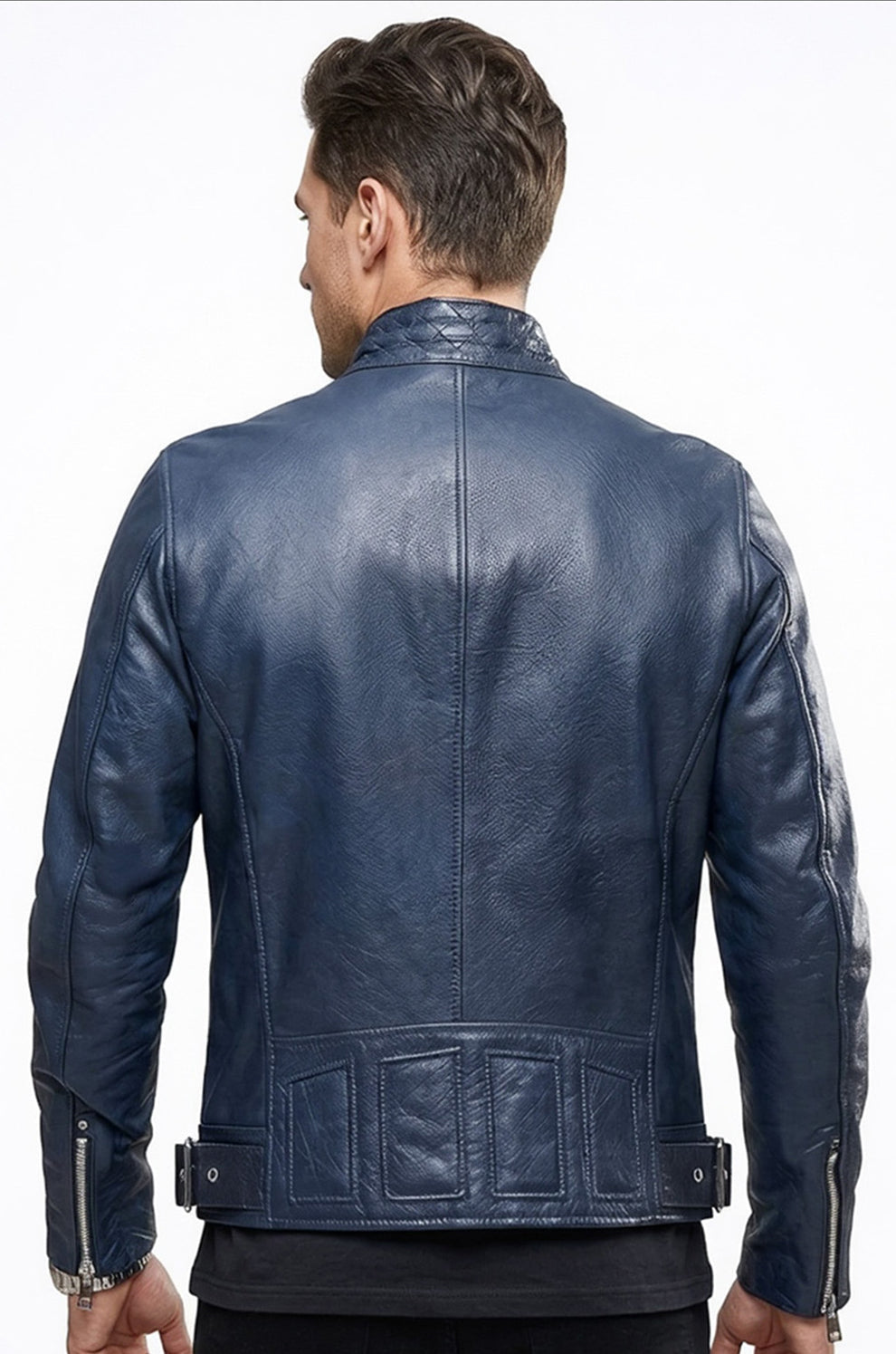 Navy Blue Motorcycle Leather Style Classic Men's Genuine Biker Jacket