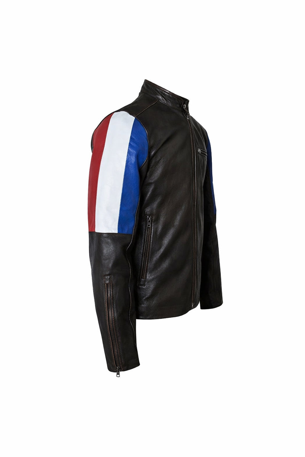Men's Genuine Leather Cafe Racer Brown France Flag Jacket