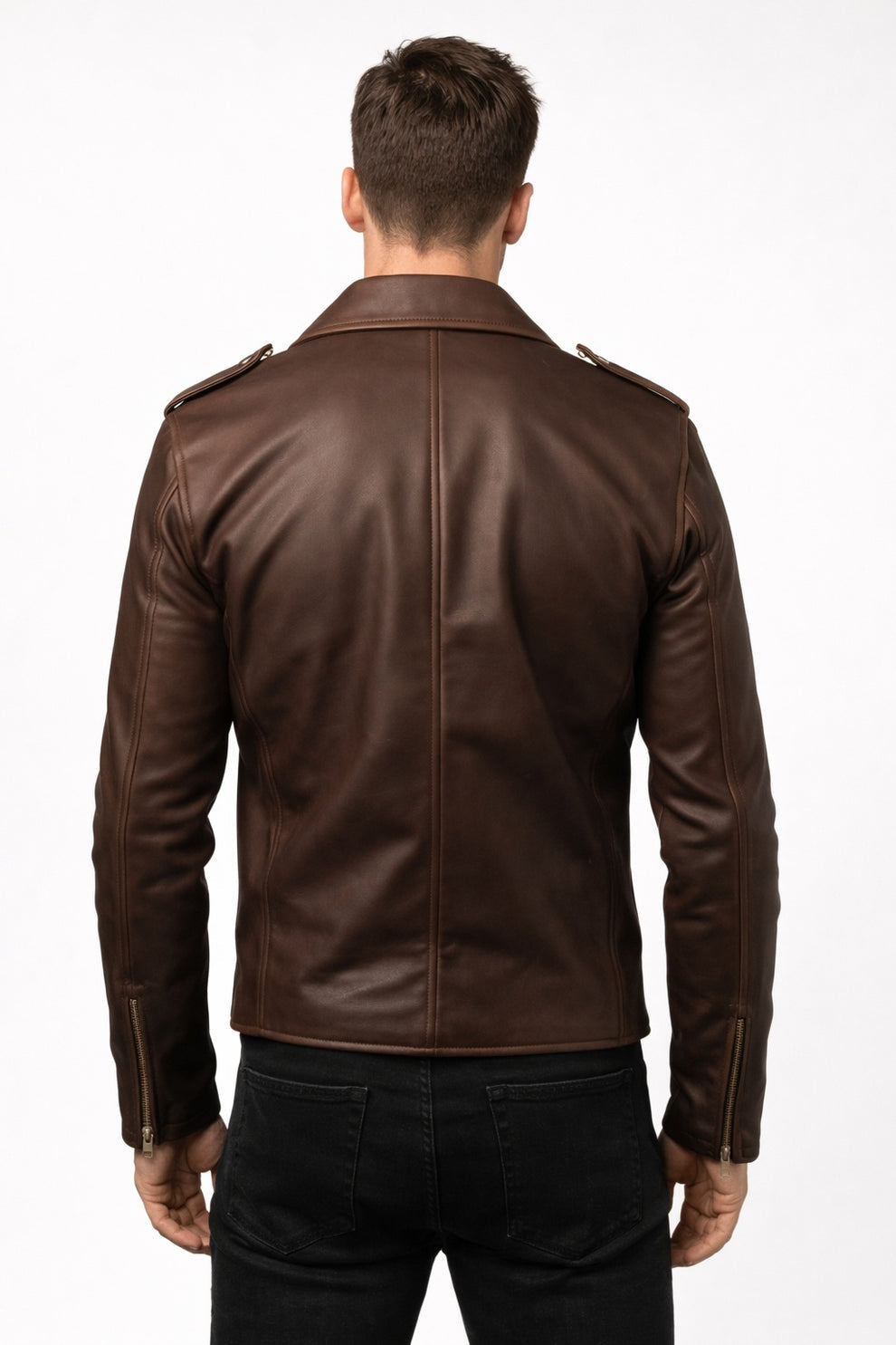 Men New Classic Army Style Real Leather Biker Casual Jacket Brown