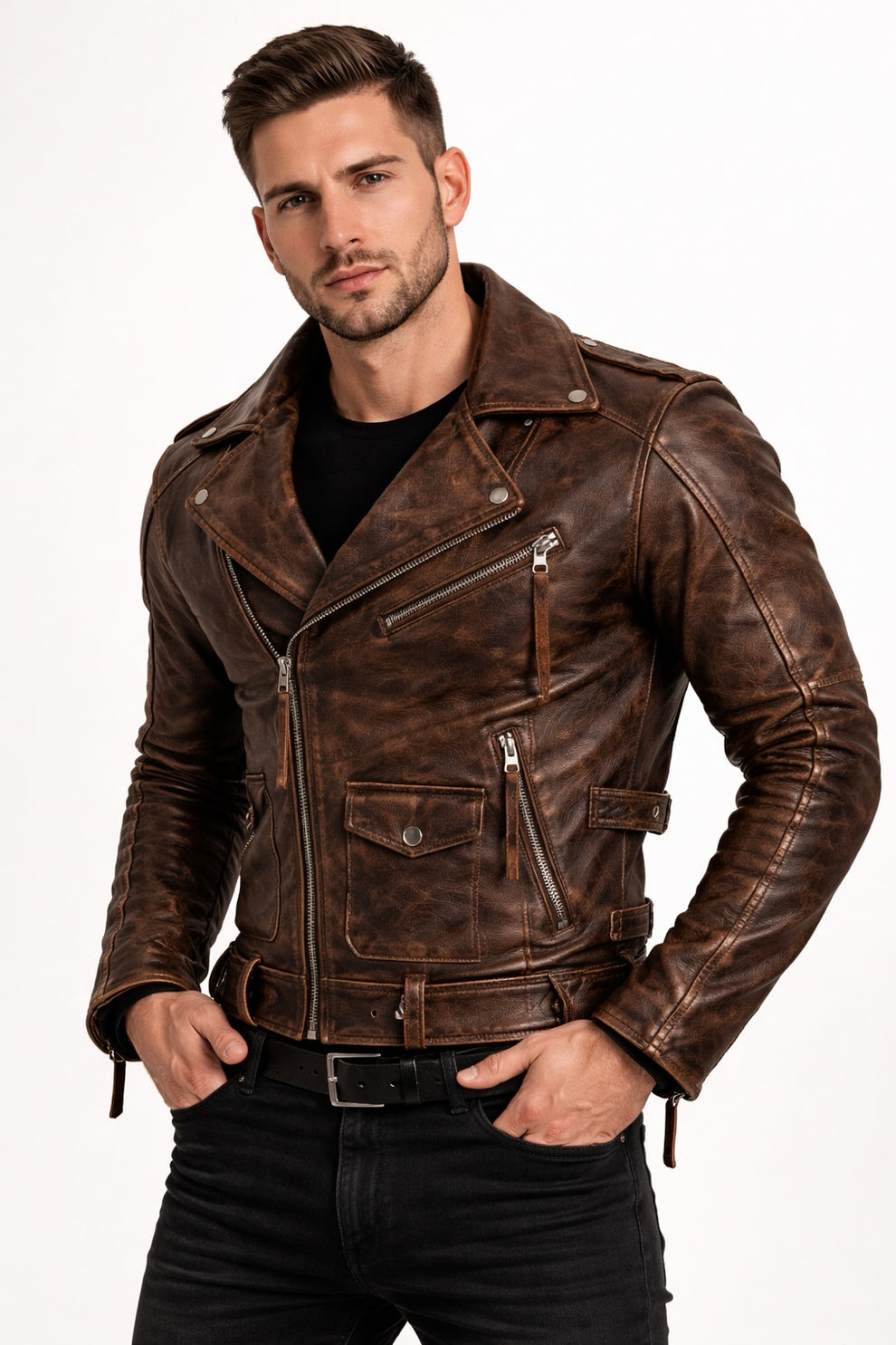 Men Army Style Brown Vintage Motorcycle Real Leather Biker Classic Jacket