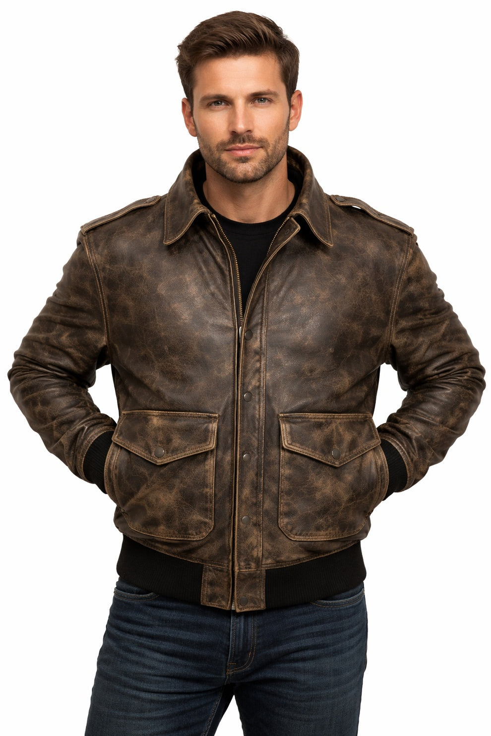 Brown Aviator Distress A-2 Flying Army Style Bomber Flight Jacket For Men
