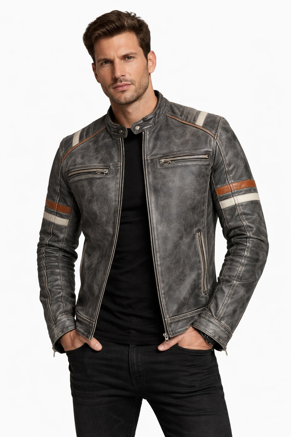 Retro-2 Men Biker Vintage Motorcycle Distressed Leather Jacket