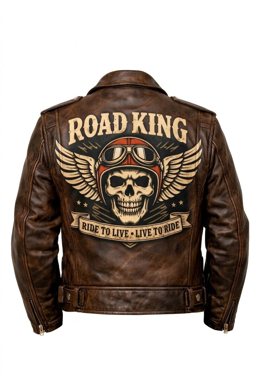 Men's Print Jackets\MP007 Road King Vintage Leather Jacket - Winged Skull & Ride to Live Biker Design