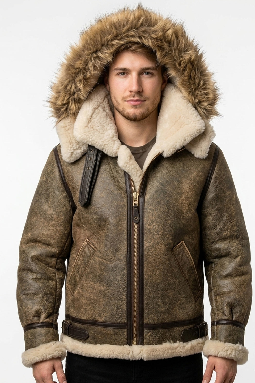 Aviator Jackets\B014 RAF B3 Detachable Hood Aviator Winter Khaki Men's Jacket