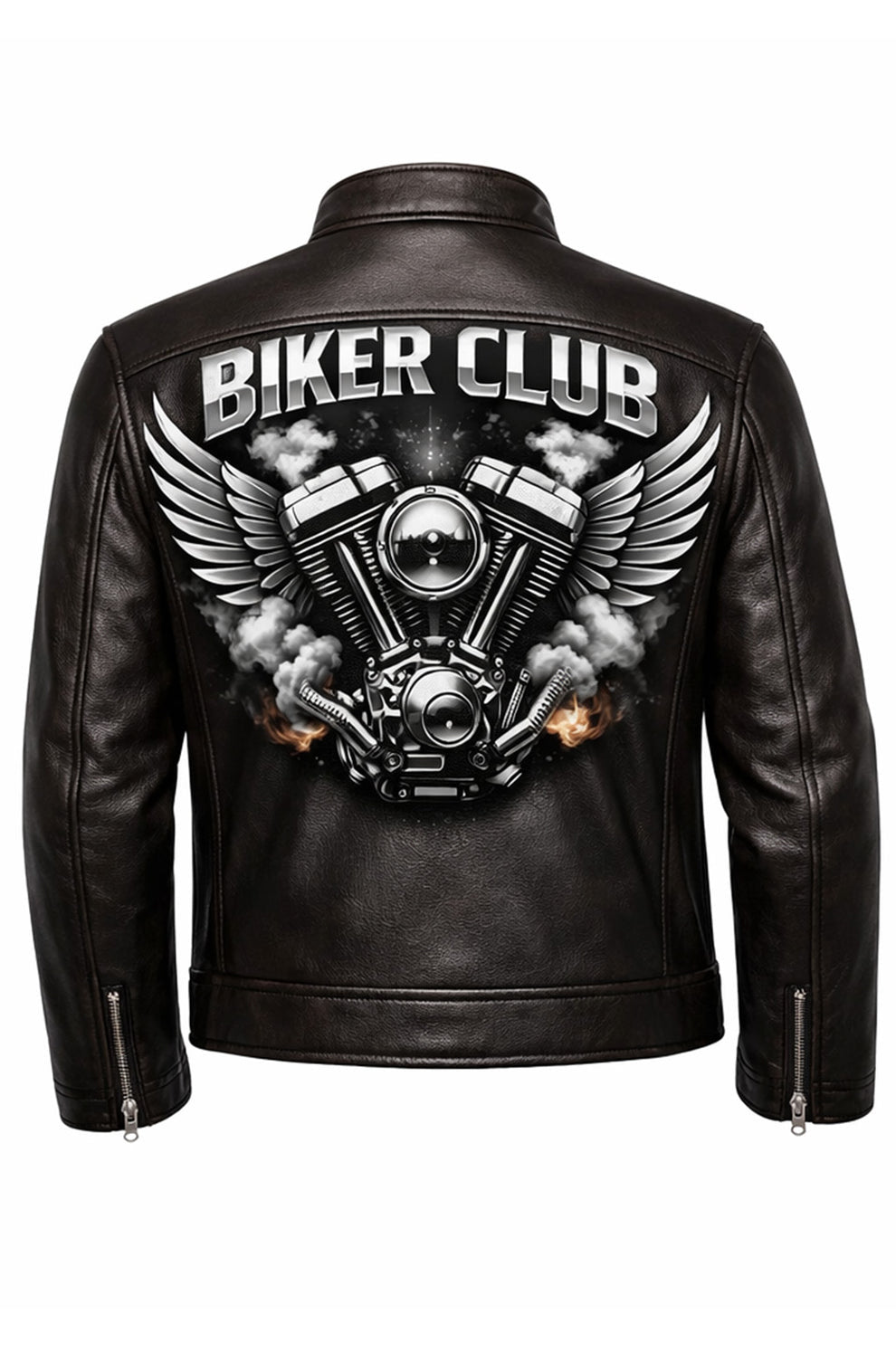 Men's Print Jackets\MP012 Biker Club V-Twin Engine Leather Jacket - Winged Motor Graphic Cafe Racer