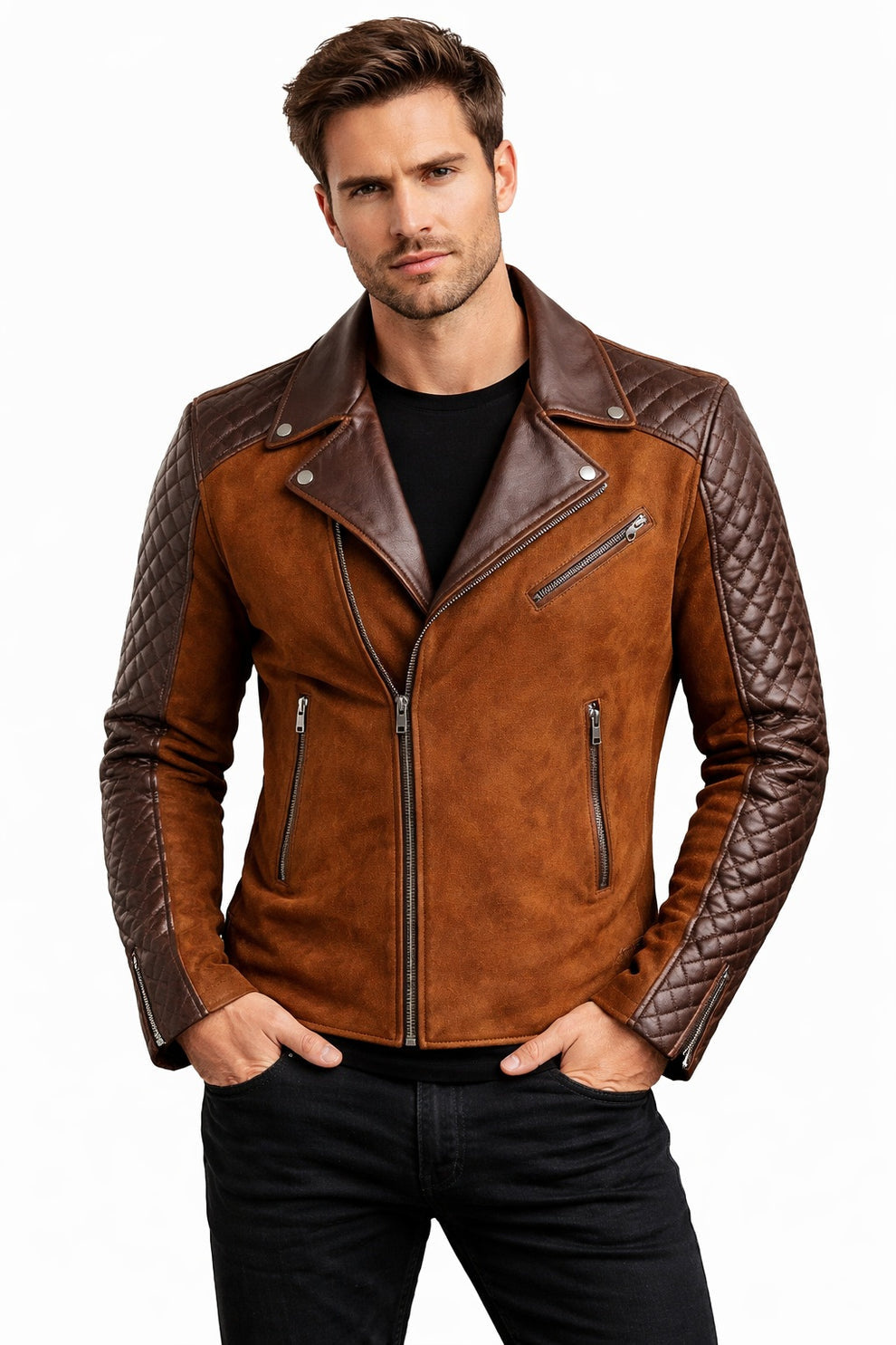 Men's Cafe Racer Stylish Biker Real Leather Suede Brown Jacket