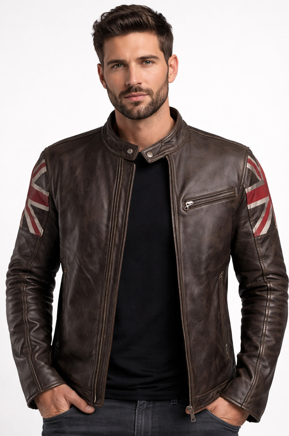 UK Flag Cafe Racer Stylish Brown Biker Vintage Men's Jacket