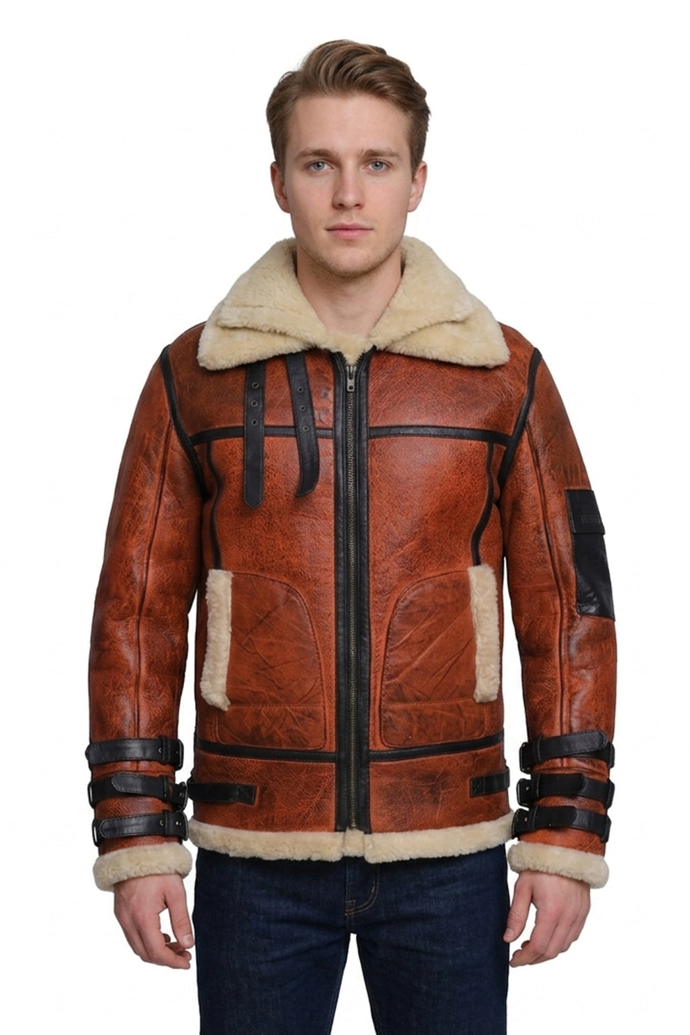 Aviator Jackets\B032 Men Aviator Real Leather Shearling Jacket Brown