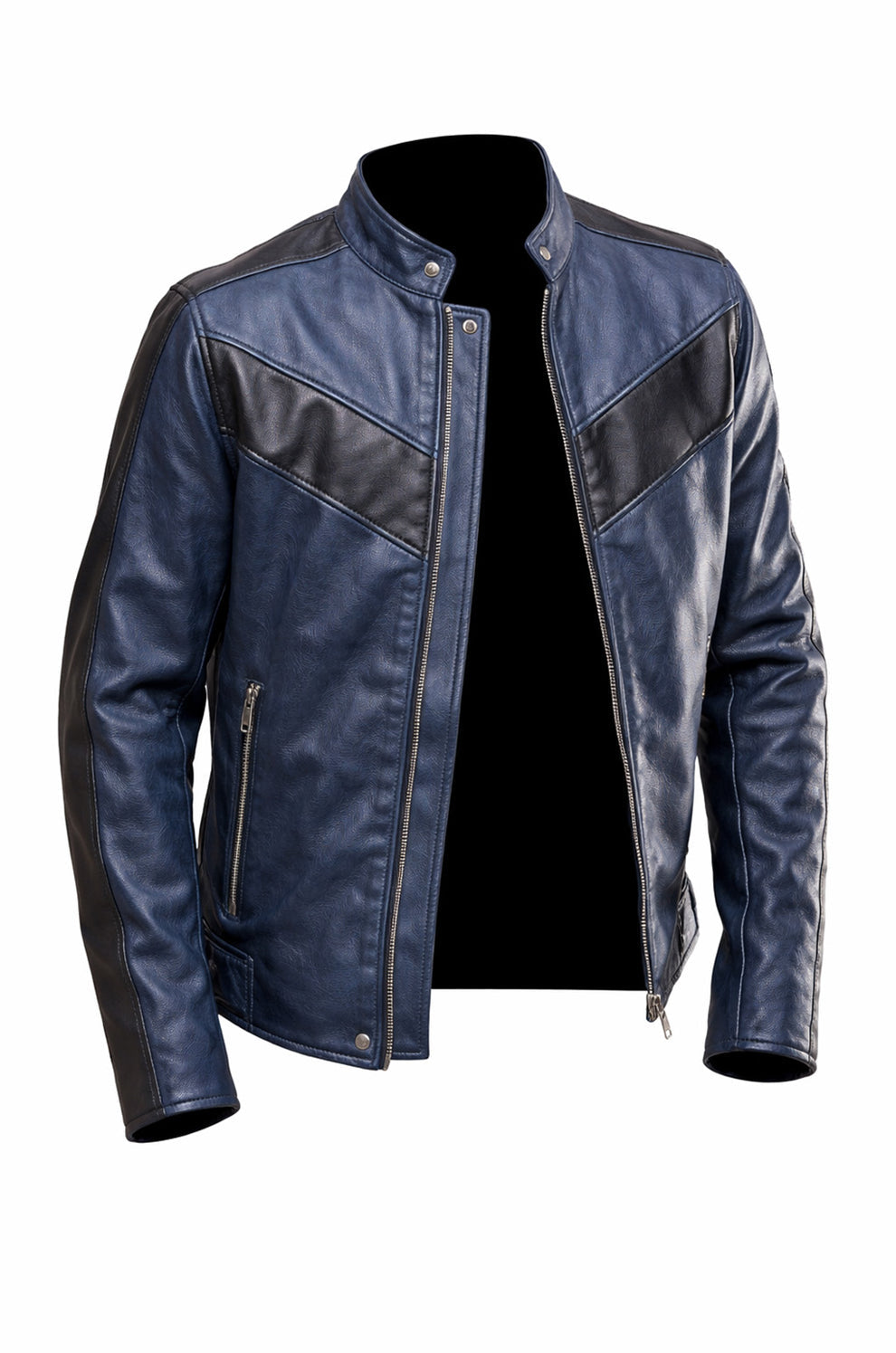 Navy Blue Motorcycle Leather Style Classic Men's Genuine Biker Jacket