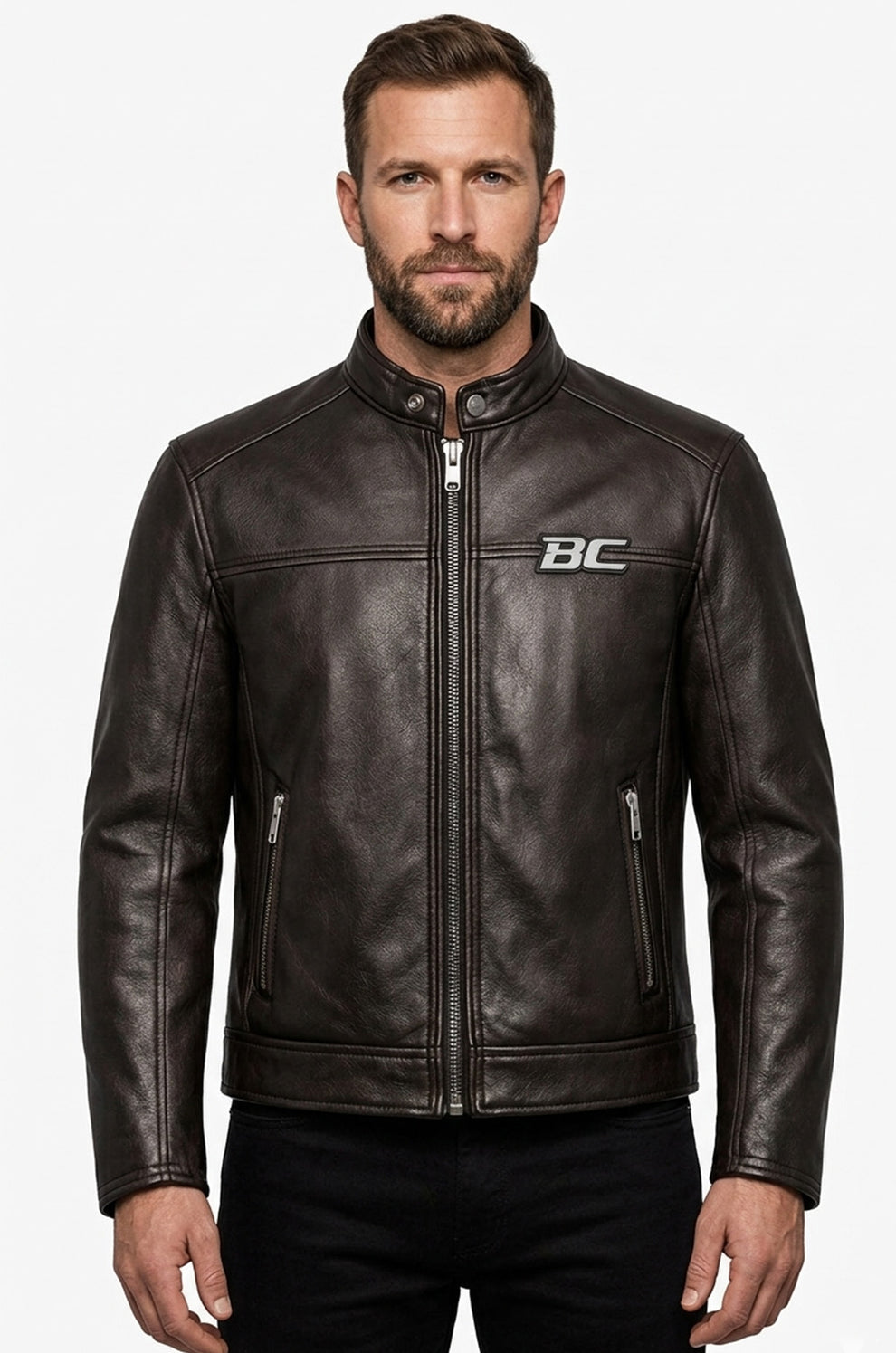 Men's Print Jackets\MP012 Biker Club V-Twin Engine Leather Jacket - Winged Motor Graphic Cafe Racer