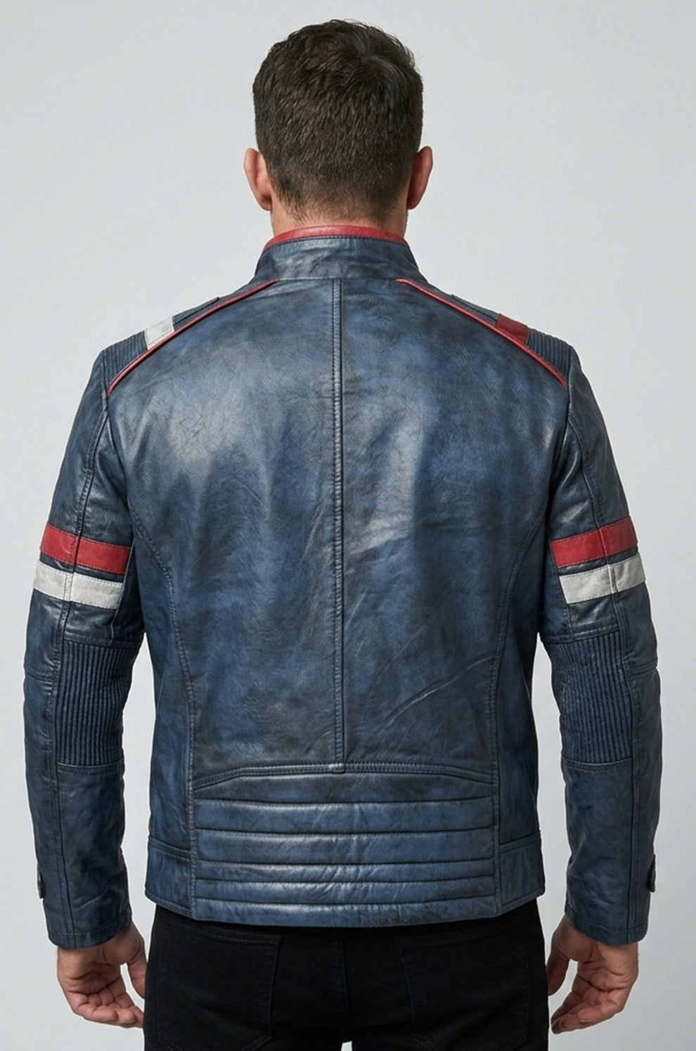 Blue Cafe Racer Vintage Biker Distressed Motorcycle Jacket For Men