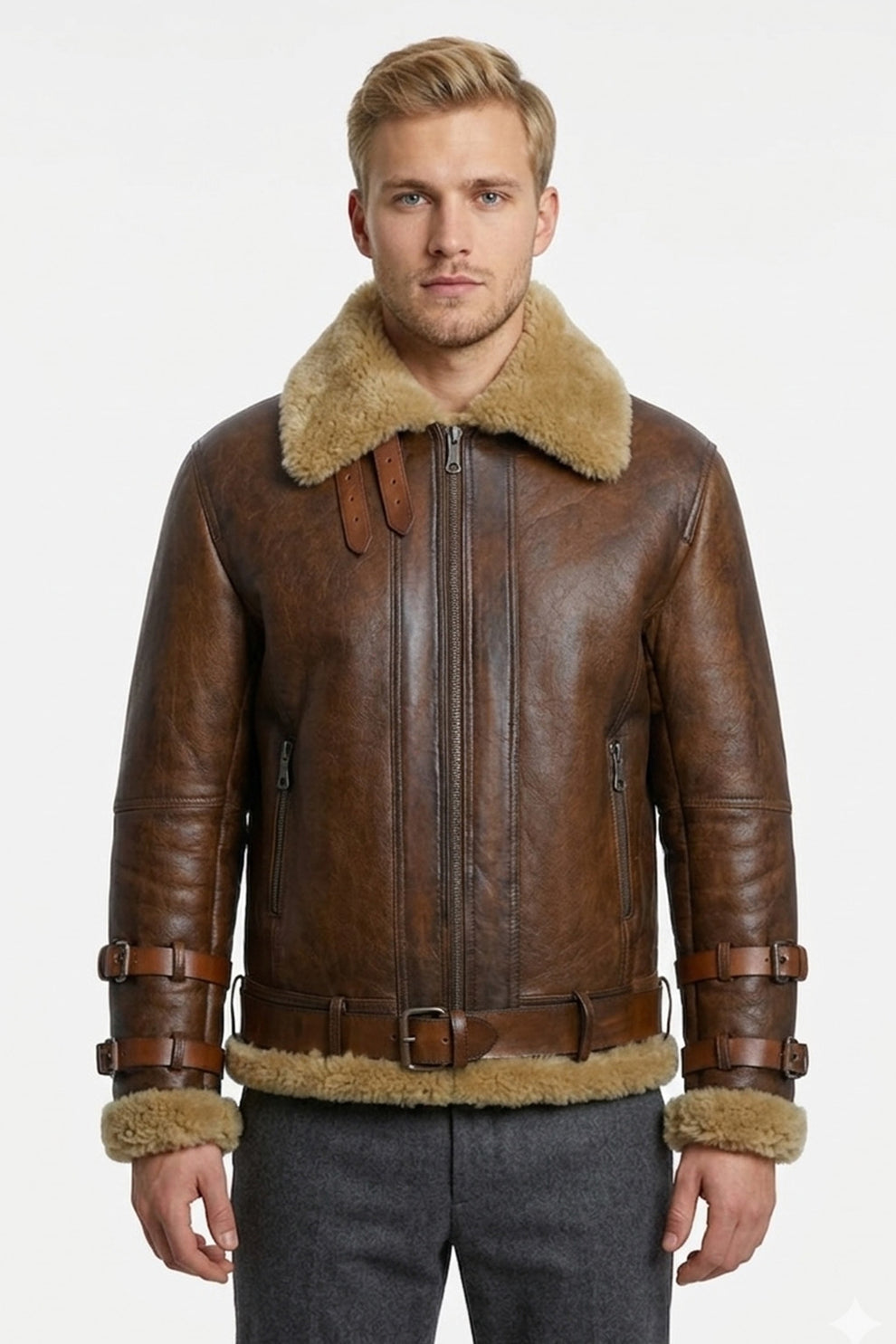 Aviator Jackets\B021 Men's Real Shearling Sheepskin Leather Pilot Aviator Flying Jacket