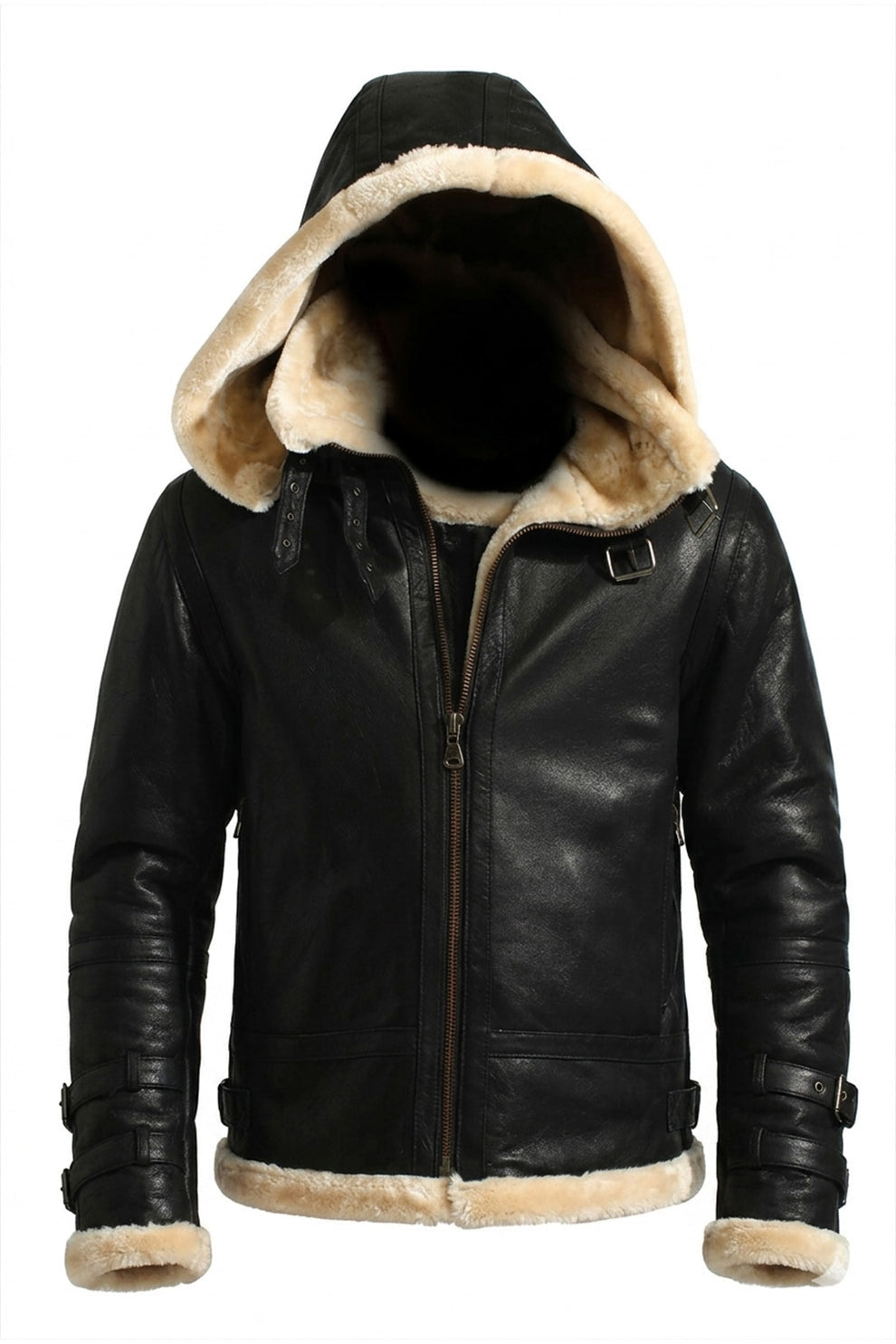 B001 B3 Black Removable Hood Fur Shearling Genuine Leather Bomber Black Jacket For Men