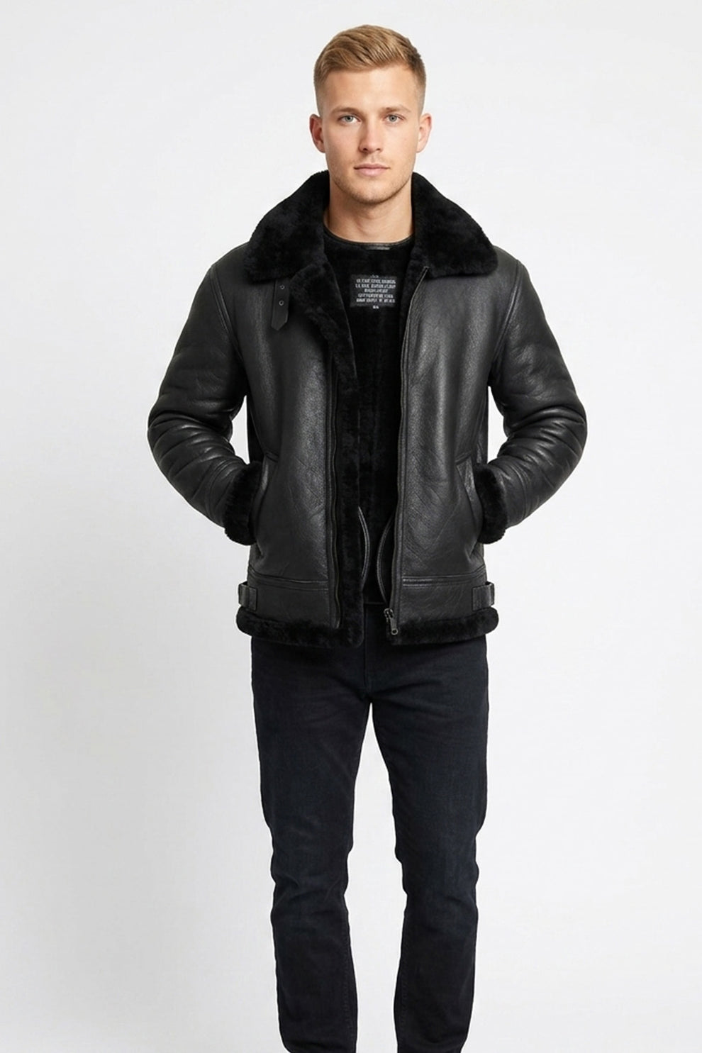 B004 Men's Black Aviator Real Sheep Leather Genuine Fur Biker Winter Jacket  On Sale