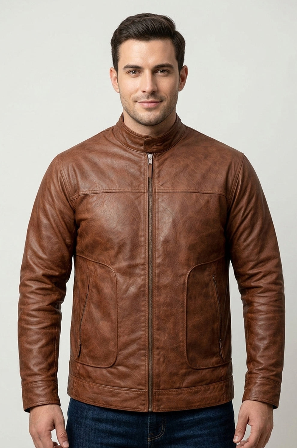 Wax Men's Vintage Style Retro Brown Distressed CowHide Leather Jacket