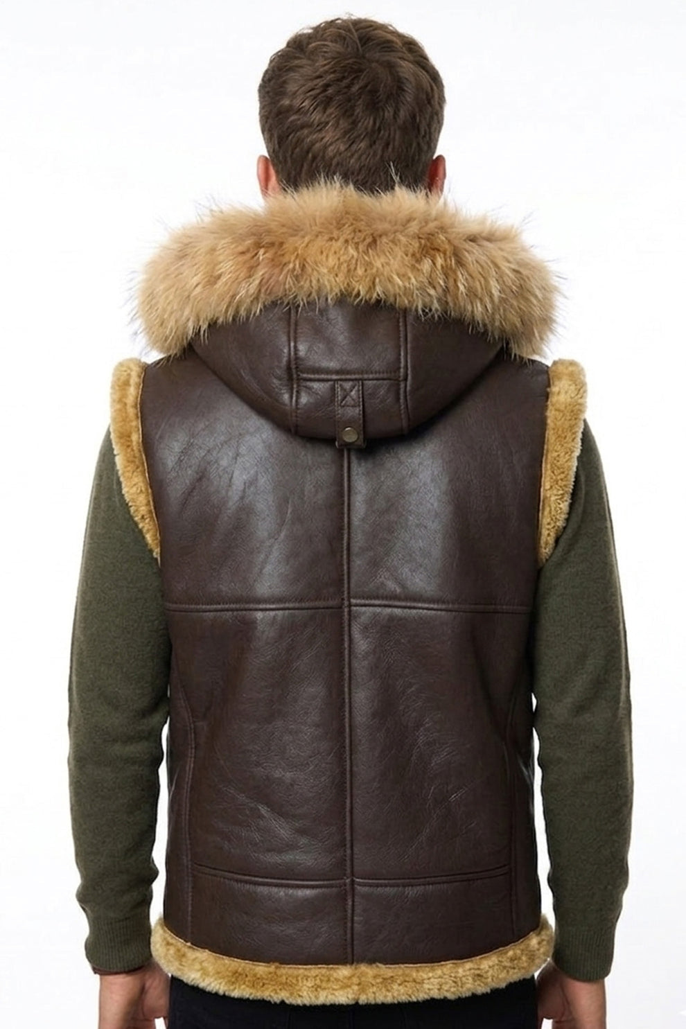 Aviator Jackets\B017 RAF Fur Shearling Brown Hood Genuine Leather Jacket Men's Winter Fashion Vest