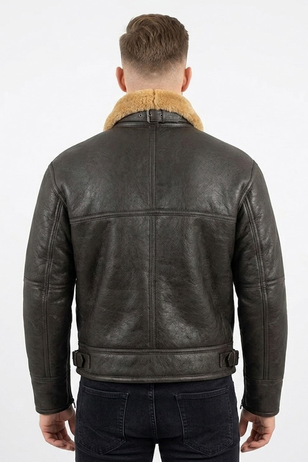 Aviator Jackets\B029 Men Real Leather Aviator Jacket with Fur Collar and Belted Waist