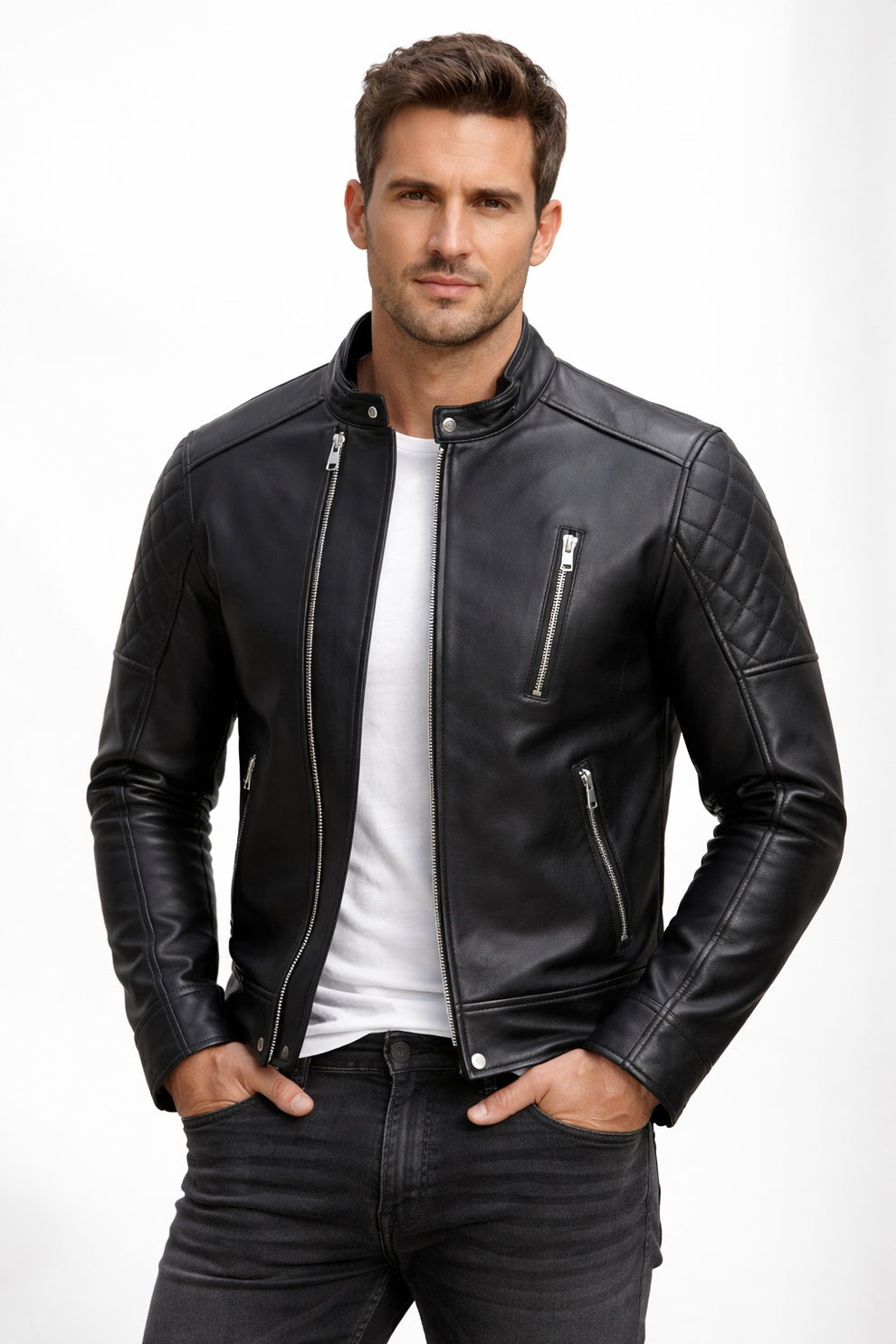 Men Biker Real Leather Jacket Black - Cafe Racer Jacket