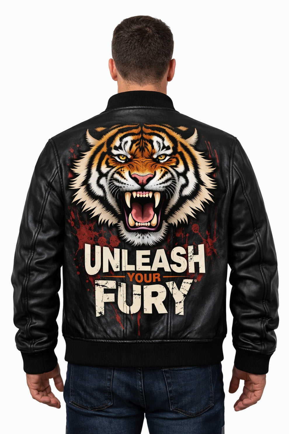 Men's Print Jackets\MP010 Unleash Your Fury Tiger Leather Bomber Jacket - Men's Aggressive Graphic Flight Jacket