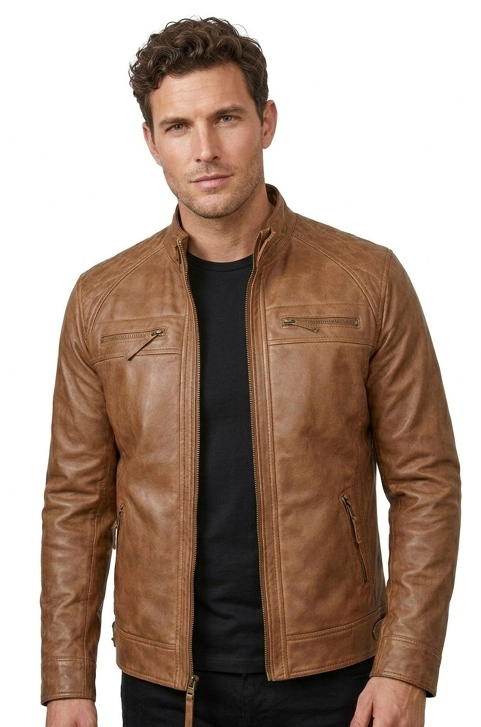 New Men Army Style Classic Motorcycle Biker Real Leather Genuine Jacket Brown