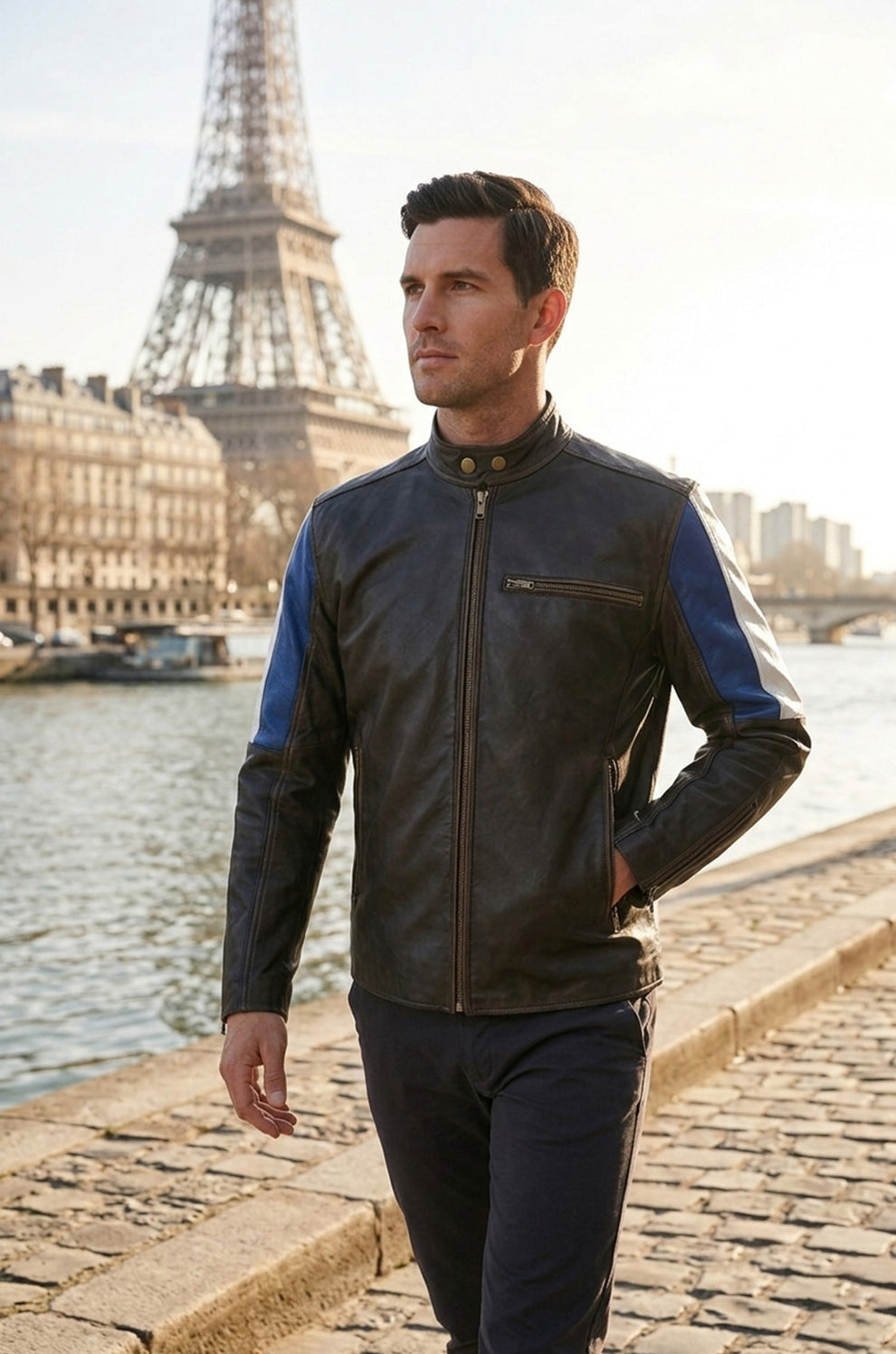 Men's Genuine Leather Cafe Racer Brown France Flag Jacket