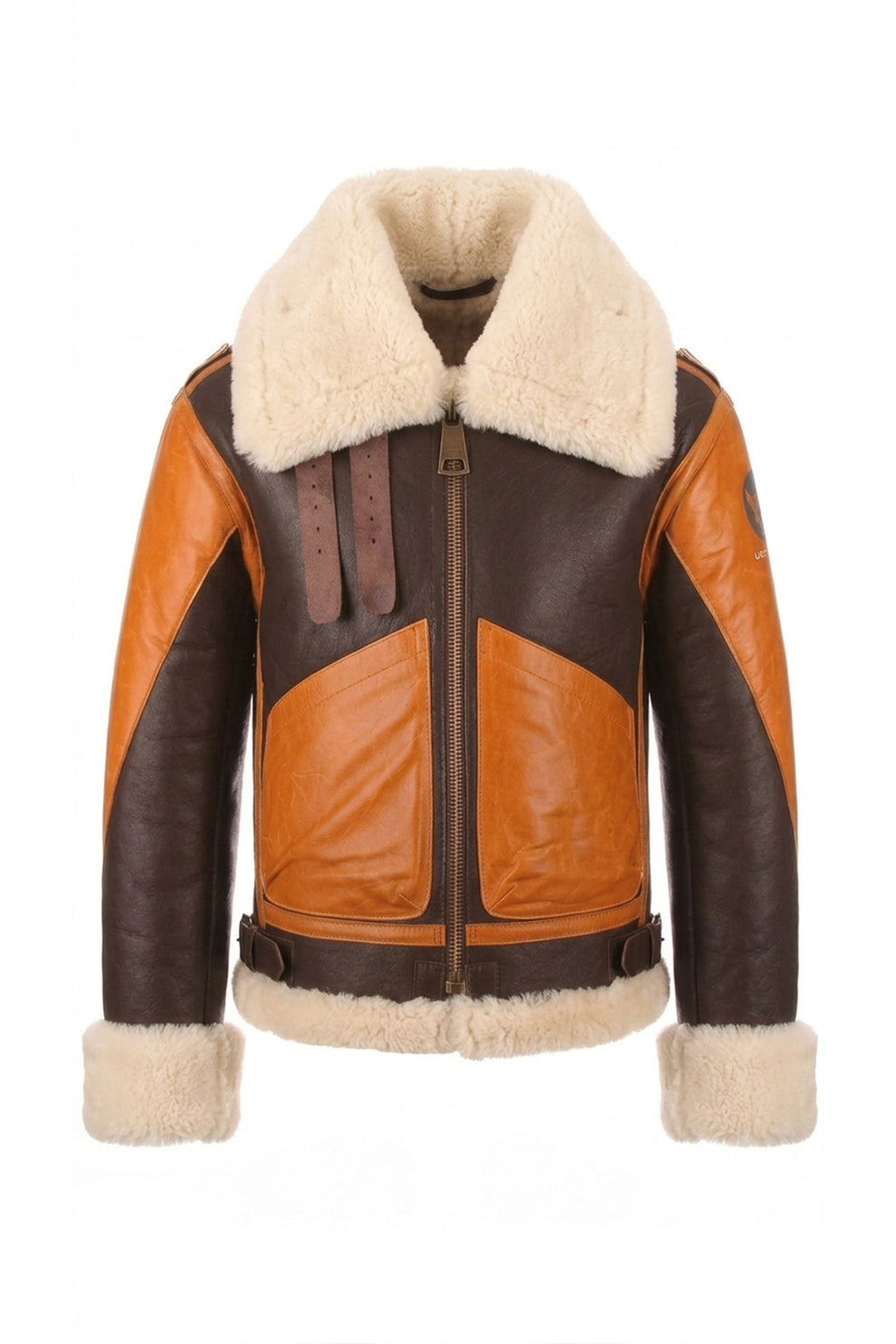 Aviator Jackets\B016 Two Tone RAF Bomber Brown Real Sheepskin Shearling Men's Jacket