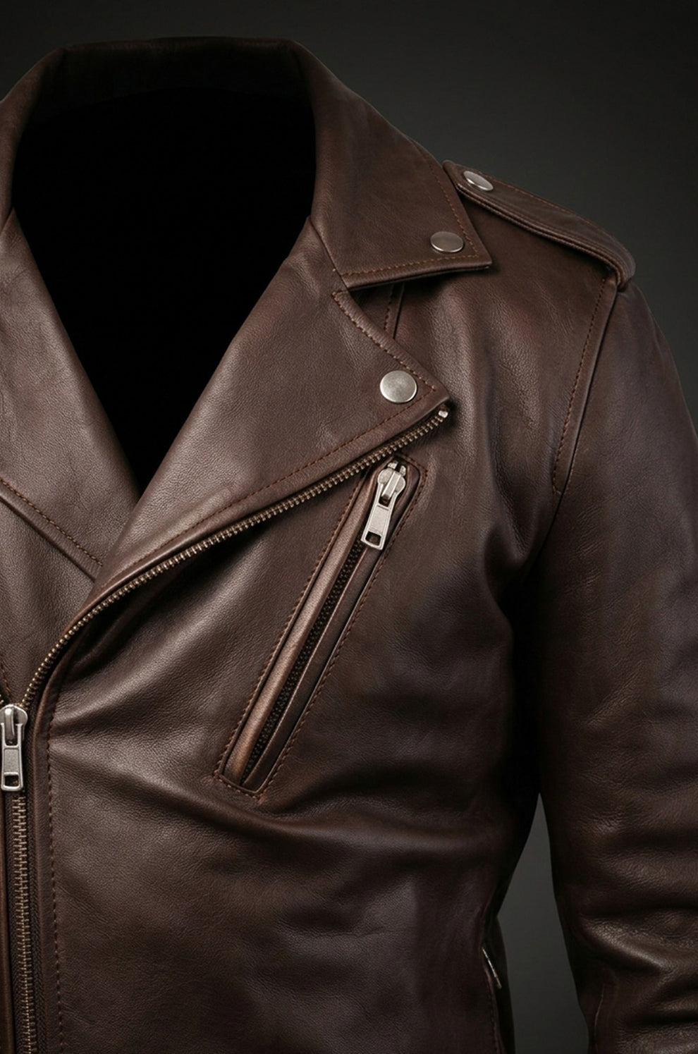 Men New Classic Army Style Real Leather Biker Casual Jacket Brown