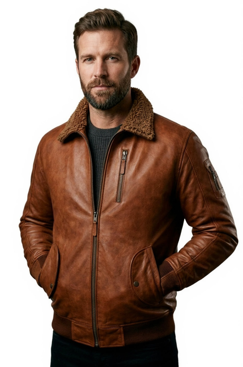 Men's Genuine Leather Hooded Fur Bomber Retro Aviator Brown Stylish Jacket