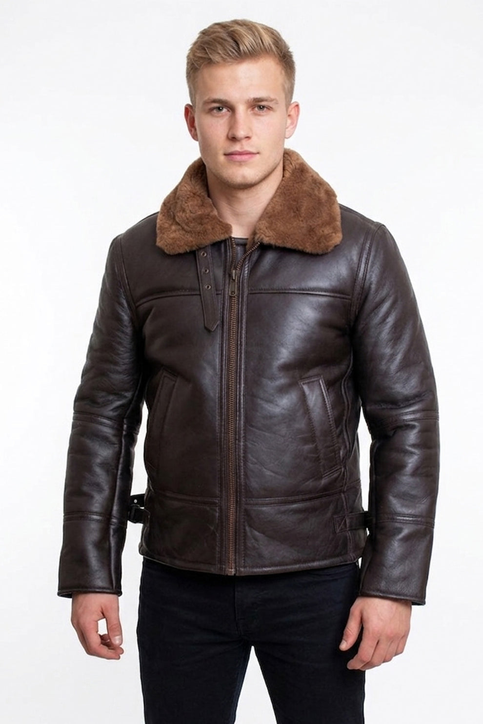 Aviator Jackets\B024 Fur Shearling Men Warm Bomber Brown Genuine Leather Jacket Winter Coat