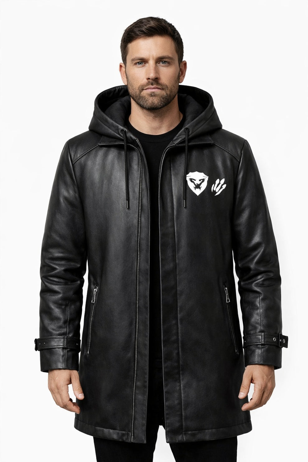 Men's Print Jackets\MP008 Hear Me Roar Lion Graphic Hooded Leather Coat - Men's Long Black Trench Jacket