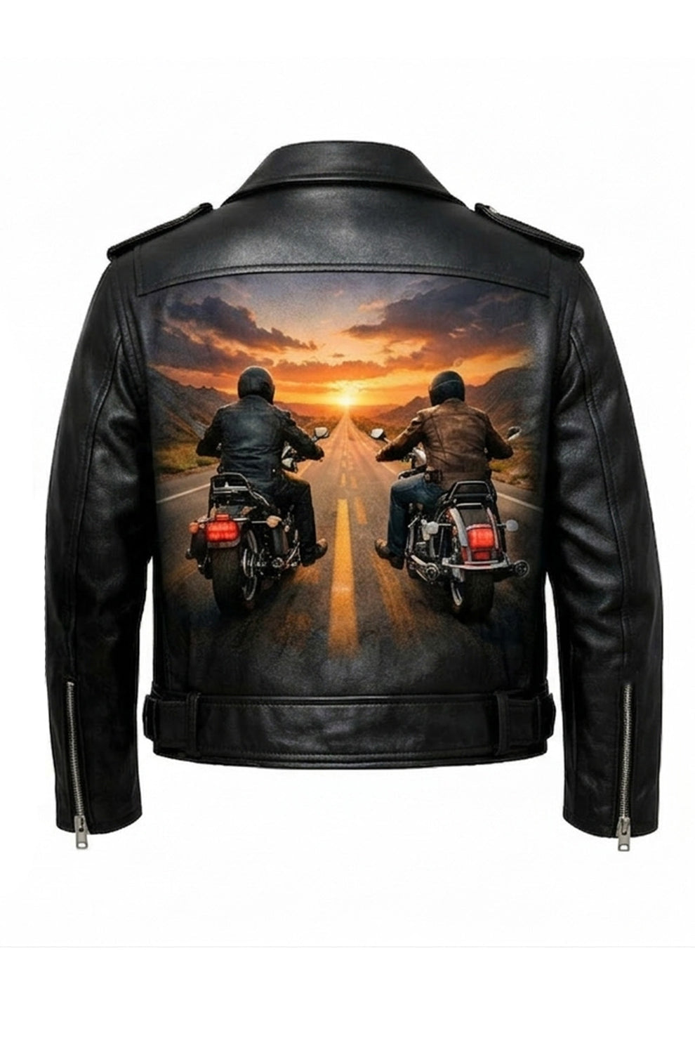 Men's Print Jackets\MP004 Sunset Riders Brotherhood Leather Jacket - Two Bikers Riding Into Sunset Design